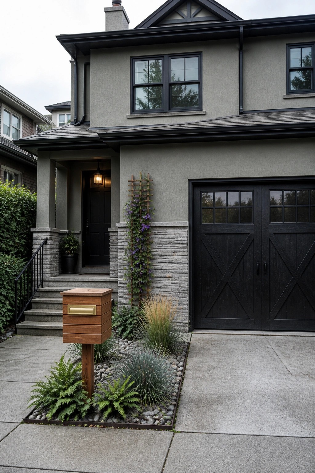Front view of a gray house with black double garage doors featuring X patterns, a black front door, and a wooden mailbox in a landscaped bed.