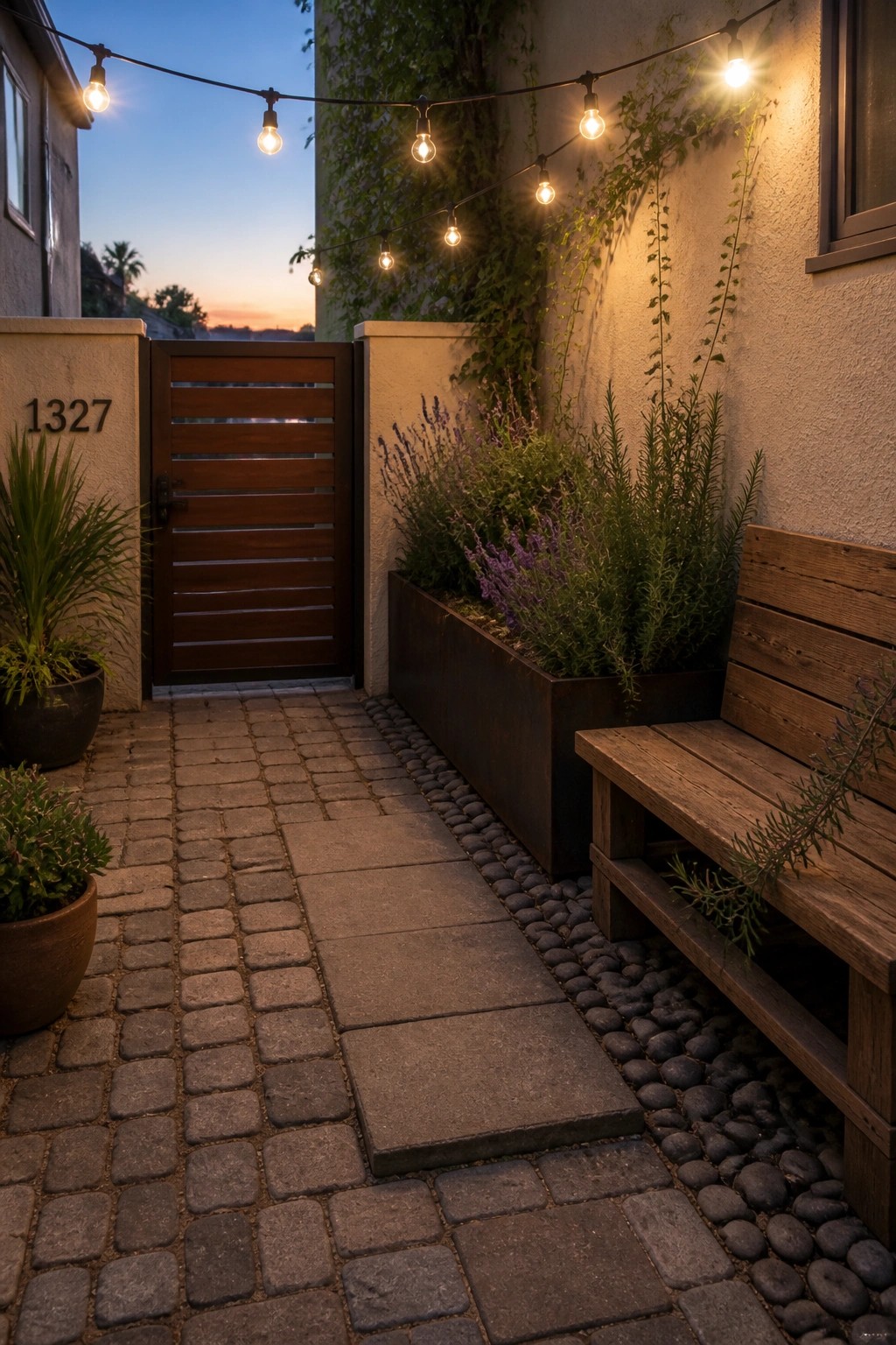A cobblestone path with large pavers leads to a wooden gate marked 1327, lined with string lights, a metal planter, and a wooden bench at dusk.