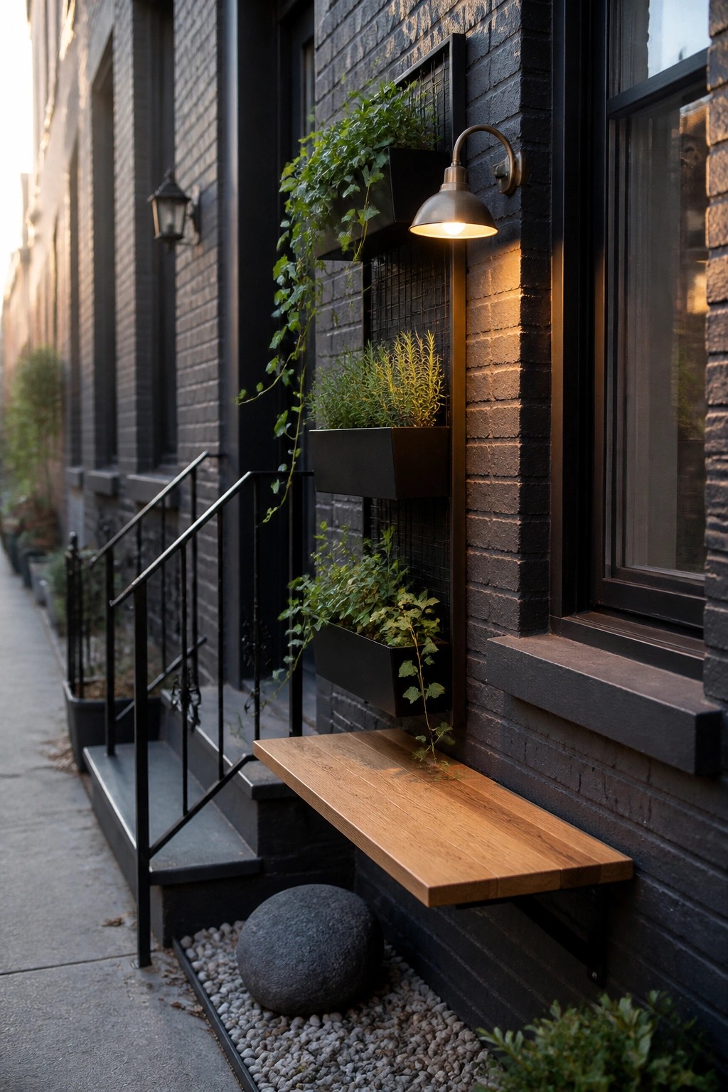 A dark brick house wall with black rectangular planters mounted on a grid holding trailing and upright green plants, a wooden bench below, and an outdoor light fixture turned on.