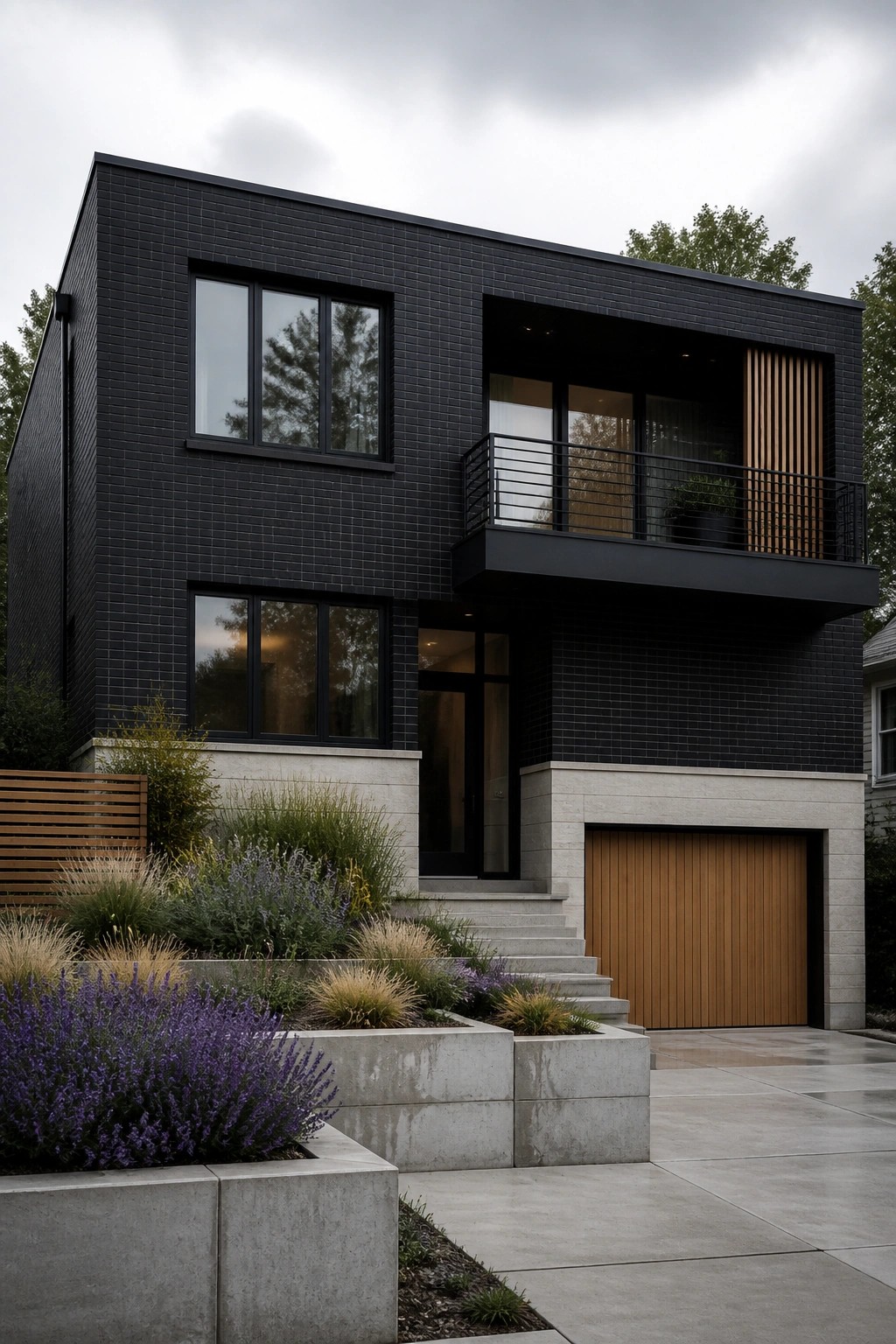 Modern black brick house with balcony, wooden garage door, and purple garden.