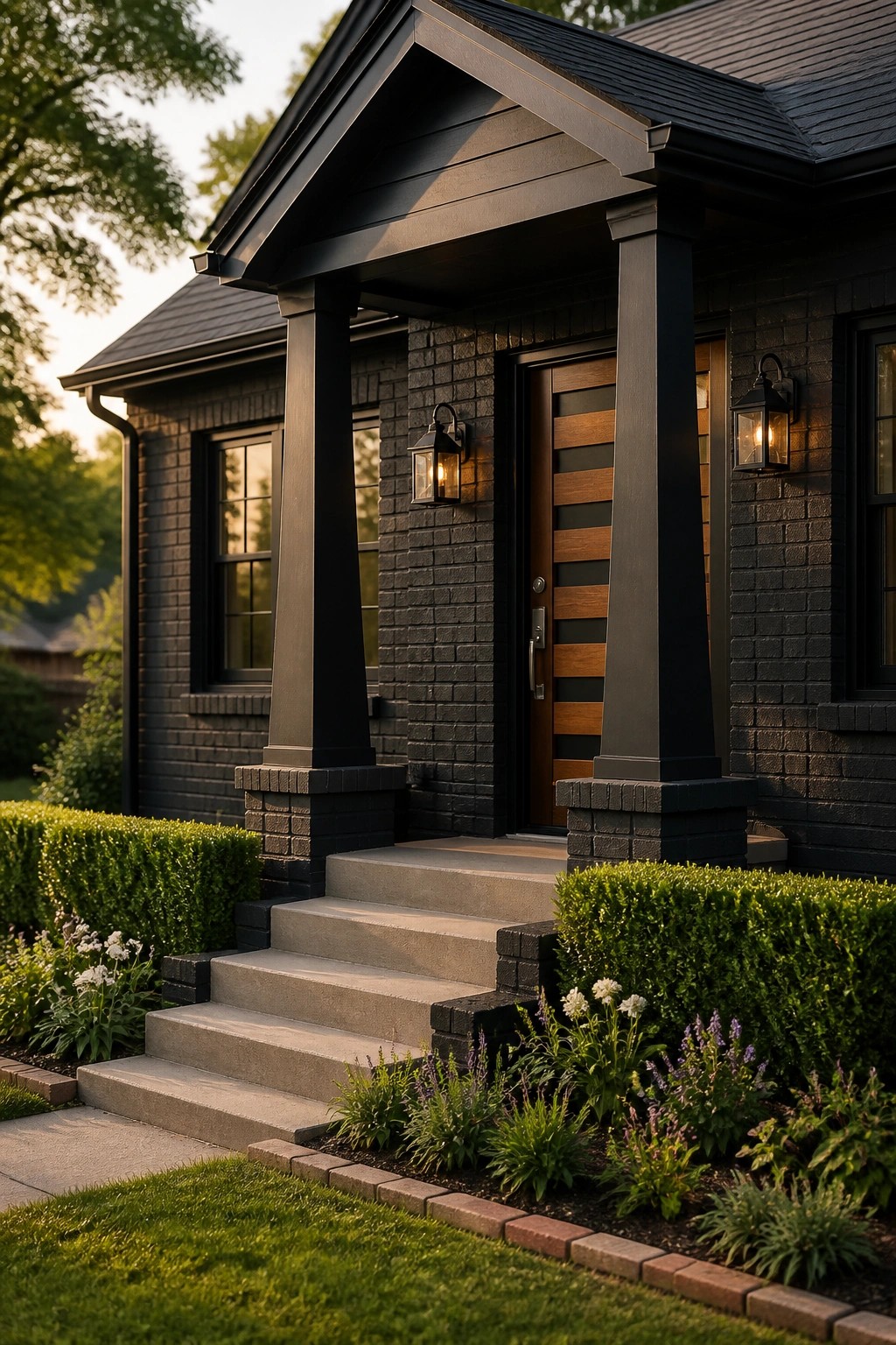 Dark brick house with black porch columns, wooden door, steps, and blooming garden.