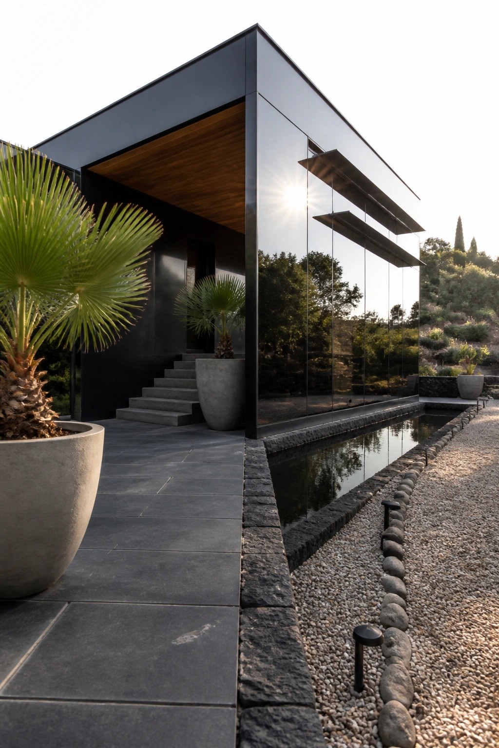 Modern black glass house with reflective windows beside stone-edged pool and gravel path.