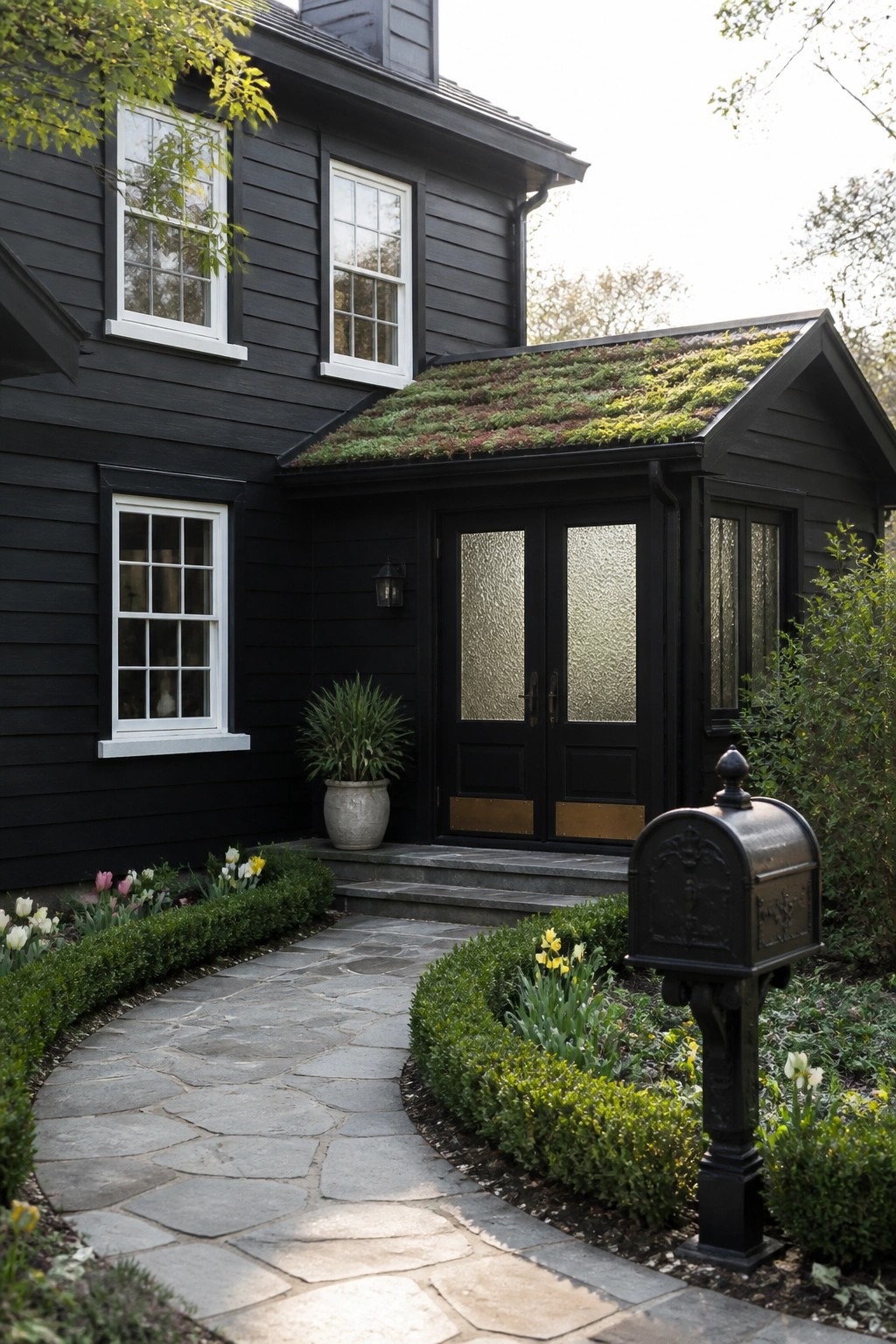 A black house exterior with white-framed windows, double front doors with textured glass, a green living roof, and a curved stone pathway bordered by shrubs and flowers.