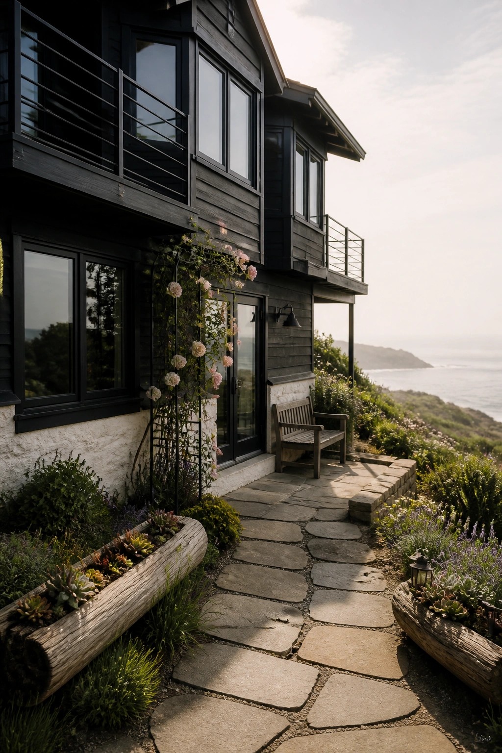 A two-story black wood house with large windows, a stone pathway, wooden planters, and a wooden bench overlooking the ocean.