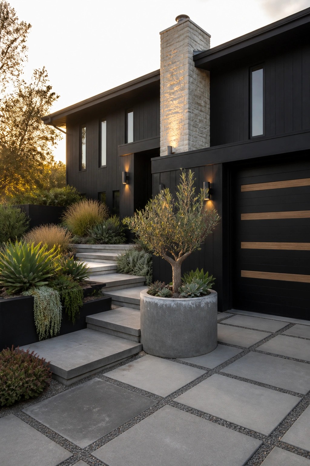 Modern black house exterior with vertical siding, a tall light stone chimney, concrete entry steps, and a large round concrete planter holding a small tree.