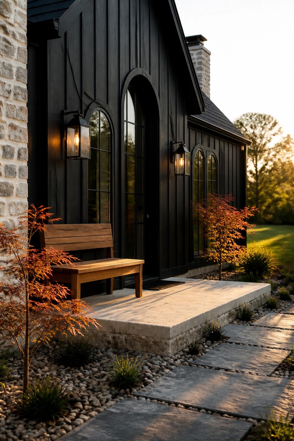 A black house with vertical siding, arched windows and door, adjacent stone wall, lit lanterns, and wooden bench on a concrete porch.