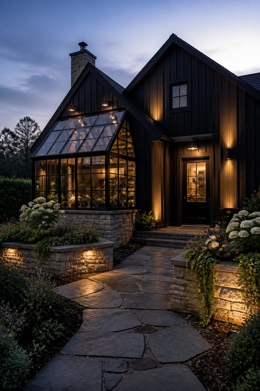 A dark wooden house with black siding, a large glass greenhouse extension, stone foundation, and a stone pathway leading to the front door at dusk.