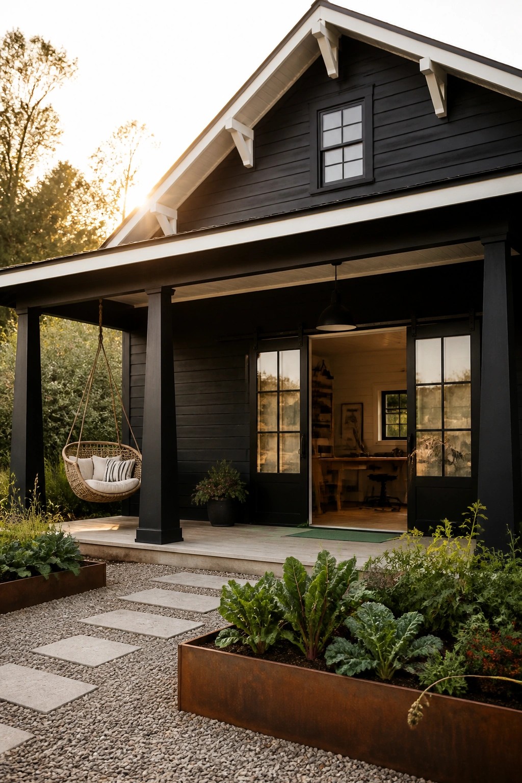 A black wooden house exterior with white trim, a covered porch, hanging chair, open black-framed sliding doors, and raised metal garden beds along a gravel path.