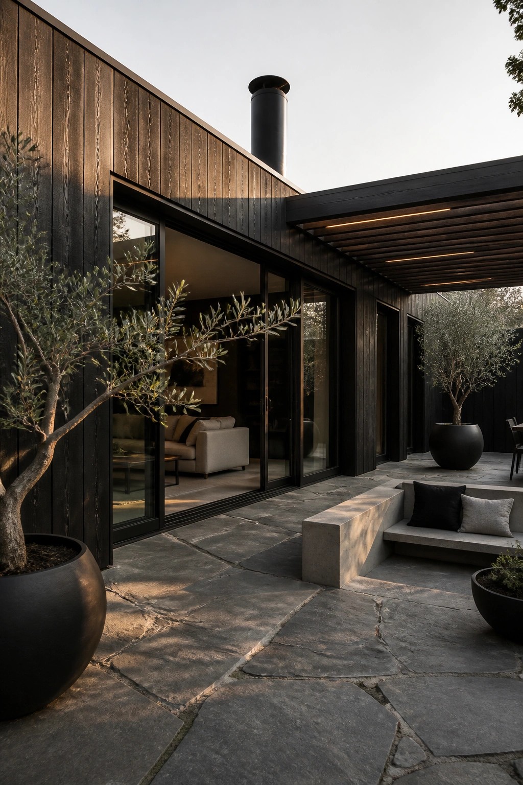 Modern dark wood house with open glass doors to stone patio and olive trees
