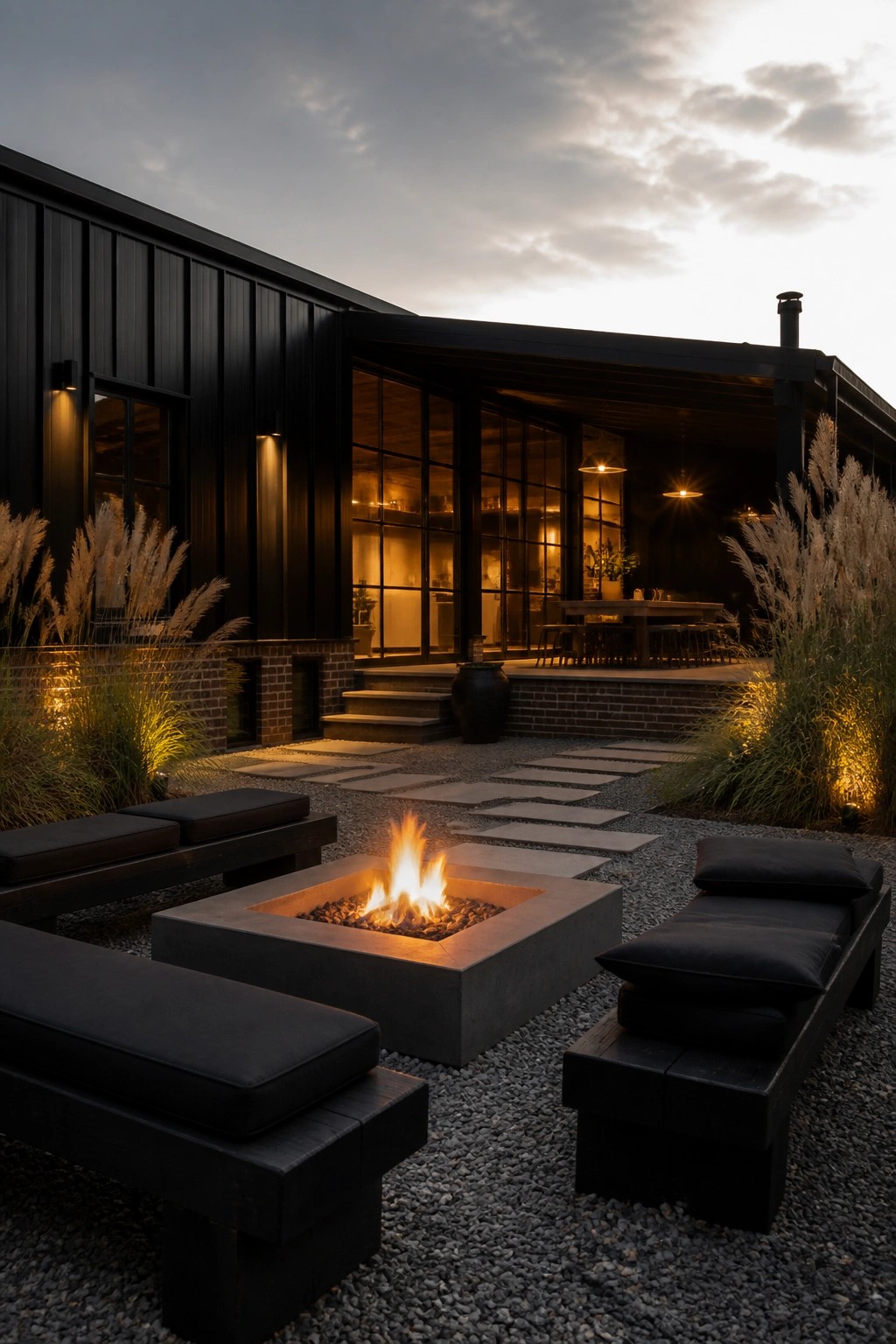 A modern black house exterior at dusk with a concrete fire pit surrounded by dark wooden benches on a gravel patio and tall ornamental grasses lit from below.