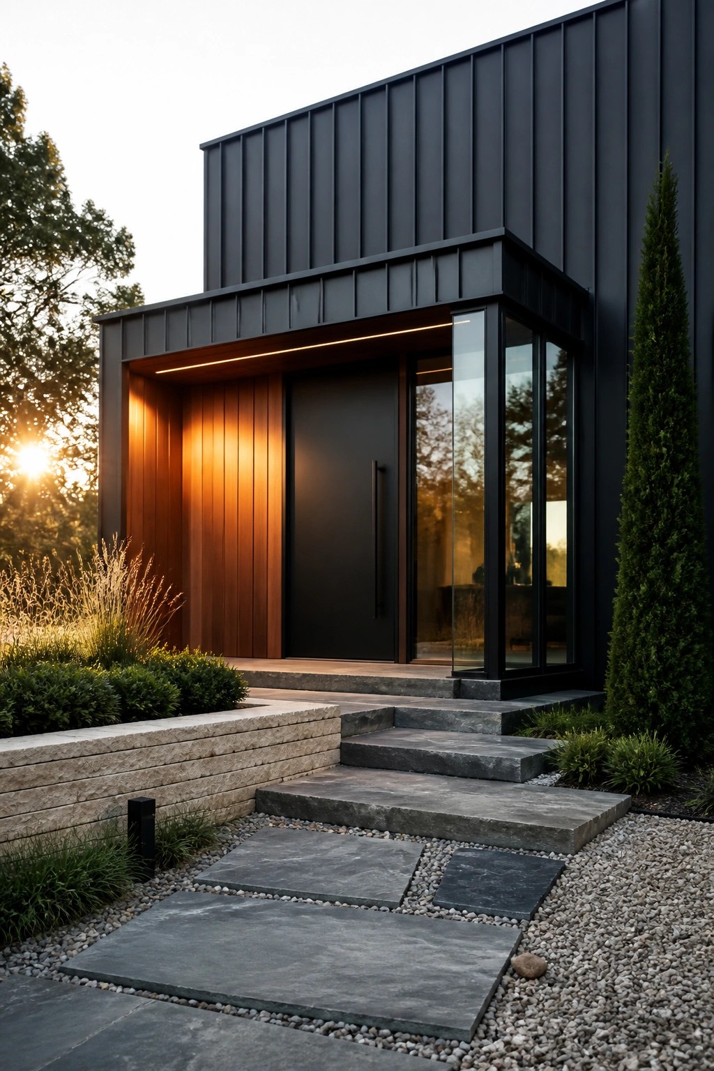 Modern black house exterior with vertical wood paneling framing a dark entry door, stone steps, and gravel path.