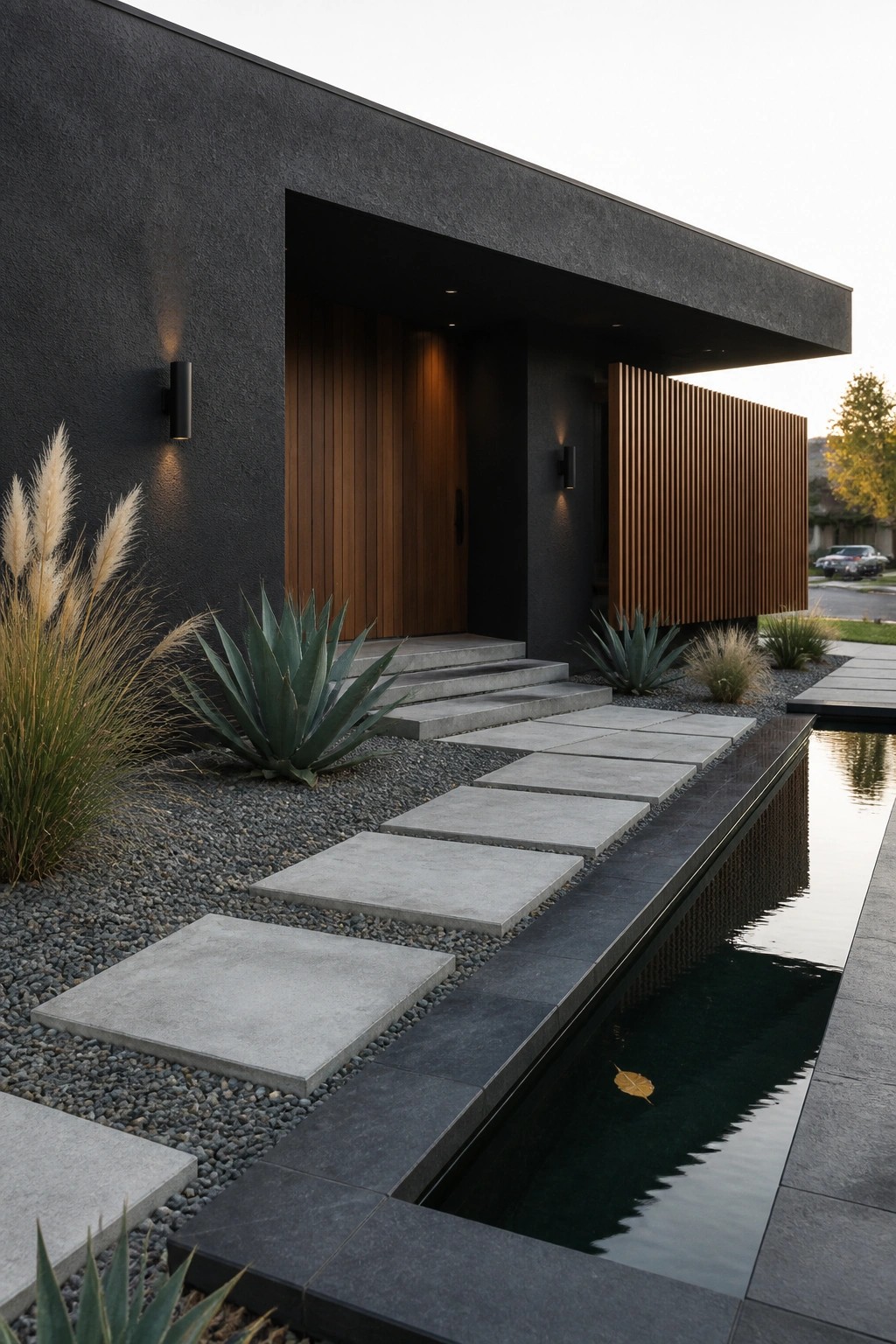 A modern black house exterior features a vertical wood door, matching wood slats on an adjacent wall, concrete pavers, and a narrow water feature running alongside the path.