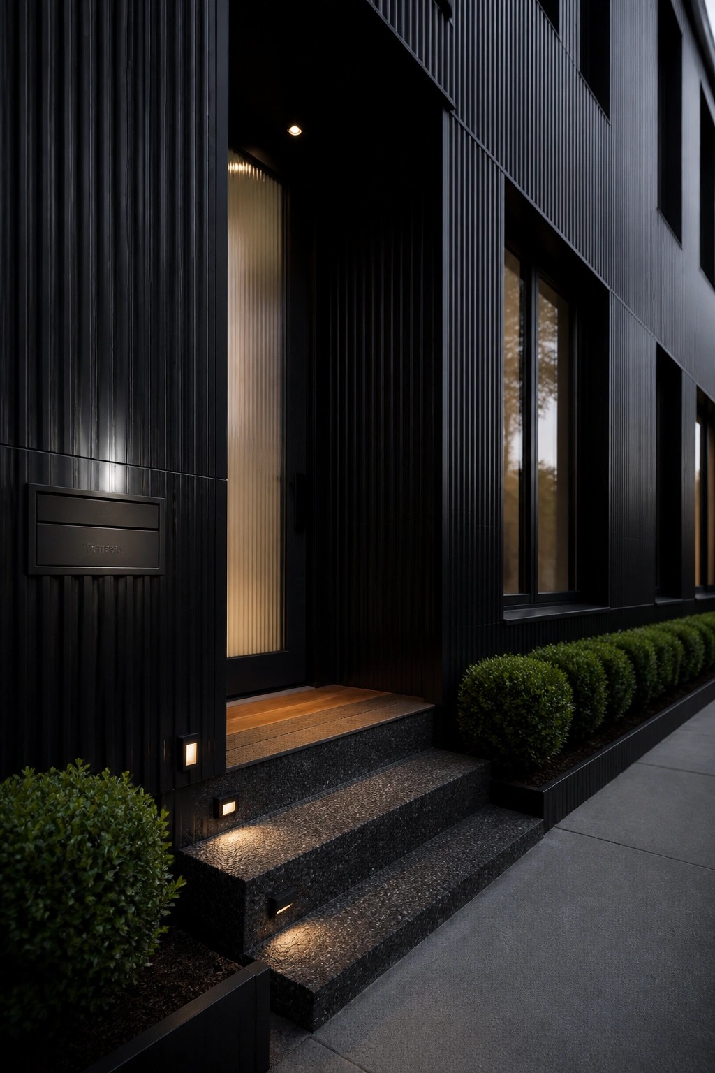 A black house exterior featuring vertical ribbed panels, a dark recessed door, stone steps with integrated lighting, and green shrubs along the foundation.