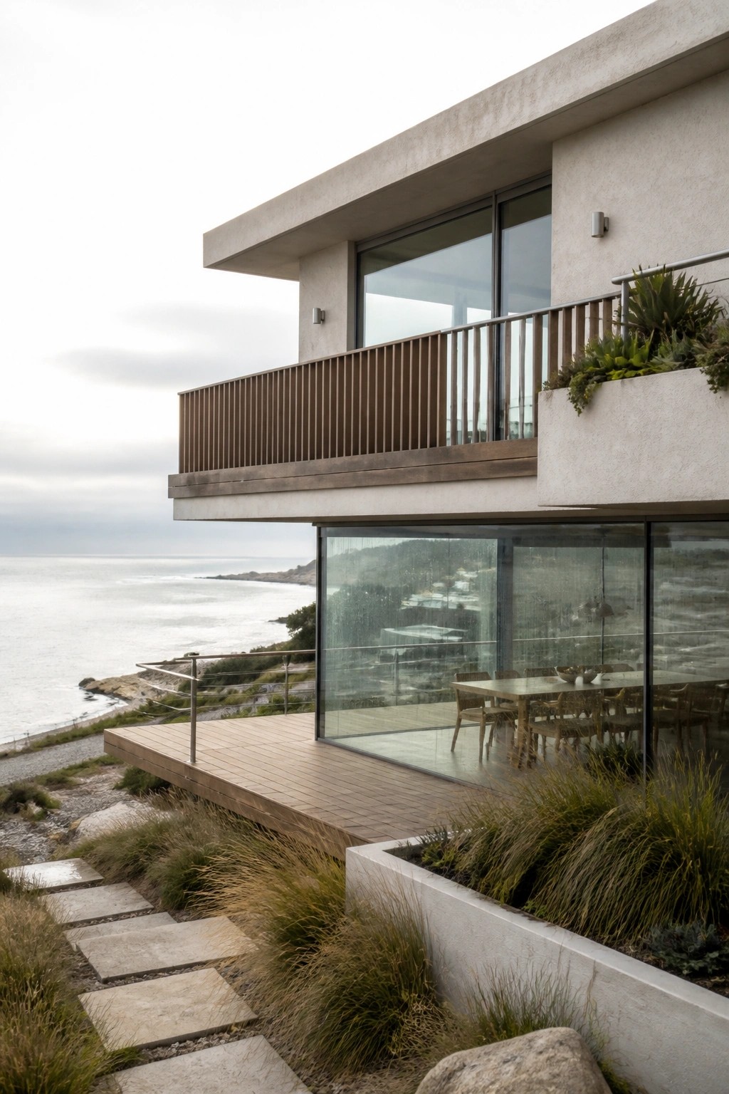 Modern concrete house with a large cantilevered wood-slatted balcony and glass walls overlooking the ocean.