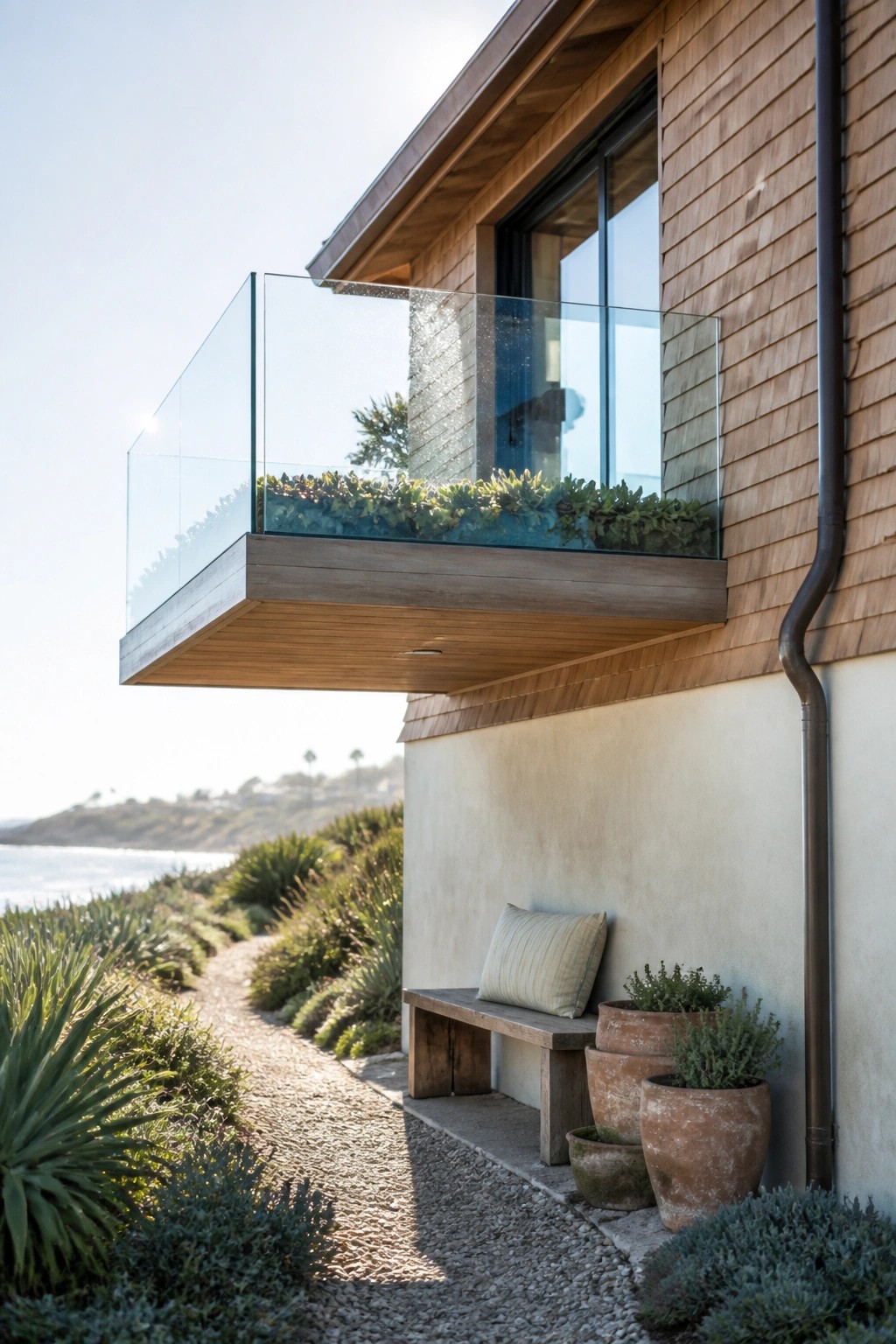 Modern wood-clad house exterior with a cantilevered balcony featuring a glass railing and built-in planter, positioned above a gravel path and coastal landscape.