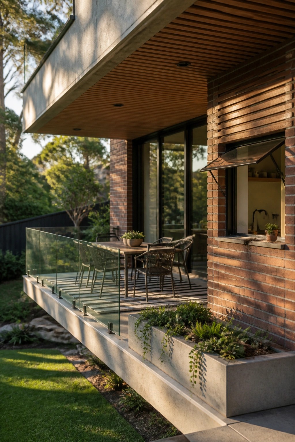 A modern brick house with a large cantilevered concrete deck featuring glass railings, outdoor dining furniture, and integrated concrete planters.