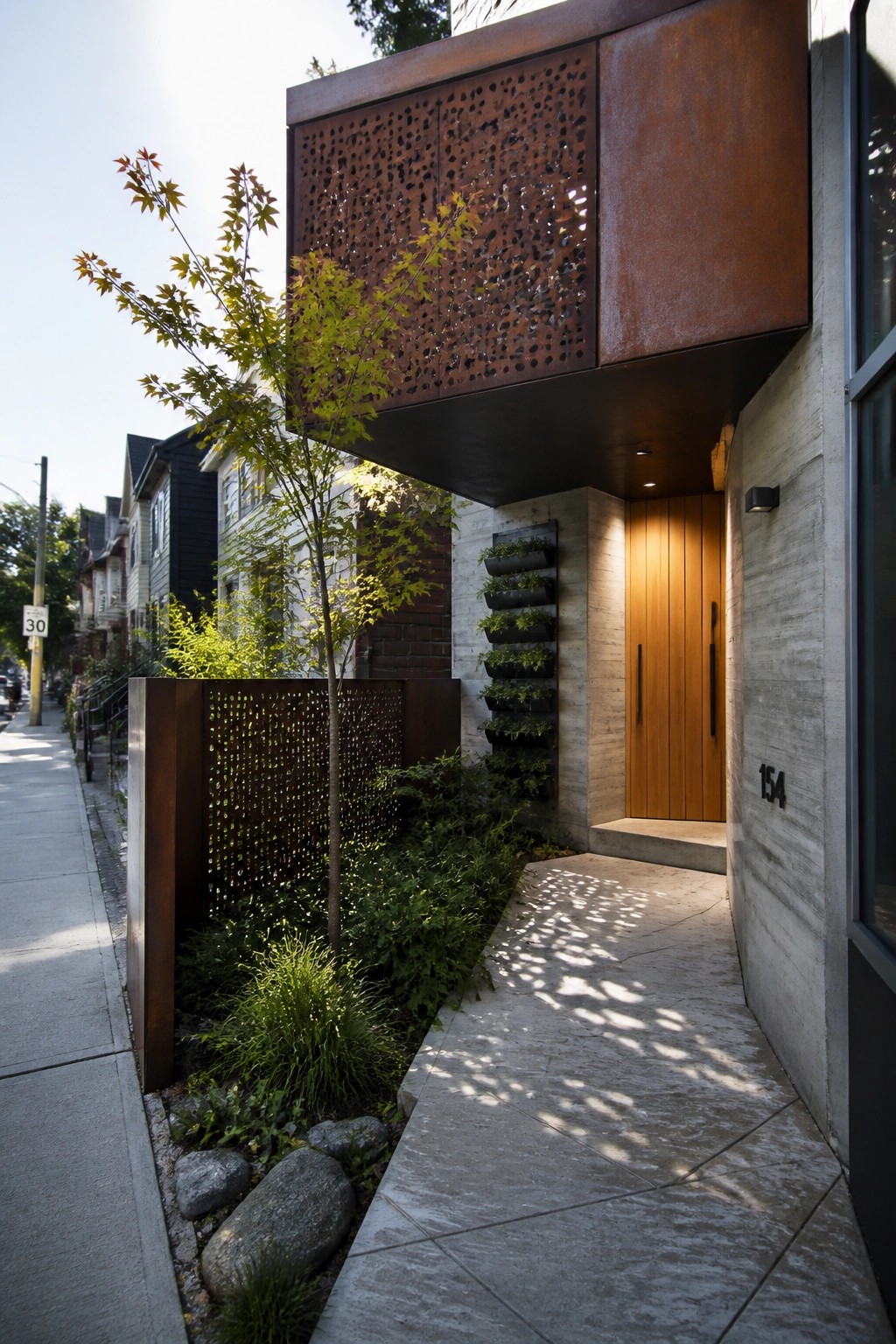 Modern house entrance showing a large cantilevered upper volume with perforated rusted metal panels above a wooden front door, concrete walls, and a stone pathway with garden beds.