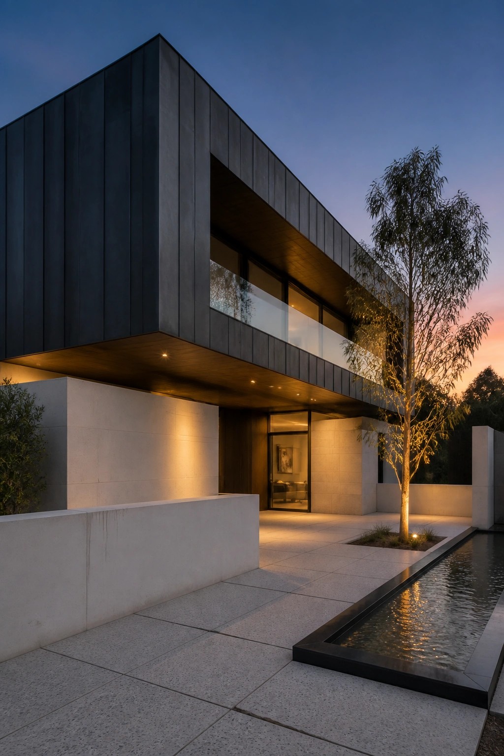 A modern house with a dark cantilevered upper volume over a light stone base, a paved courtyard, and a narrow reflecting pool at dusk.