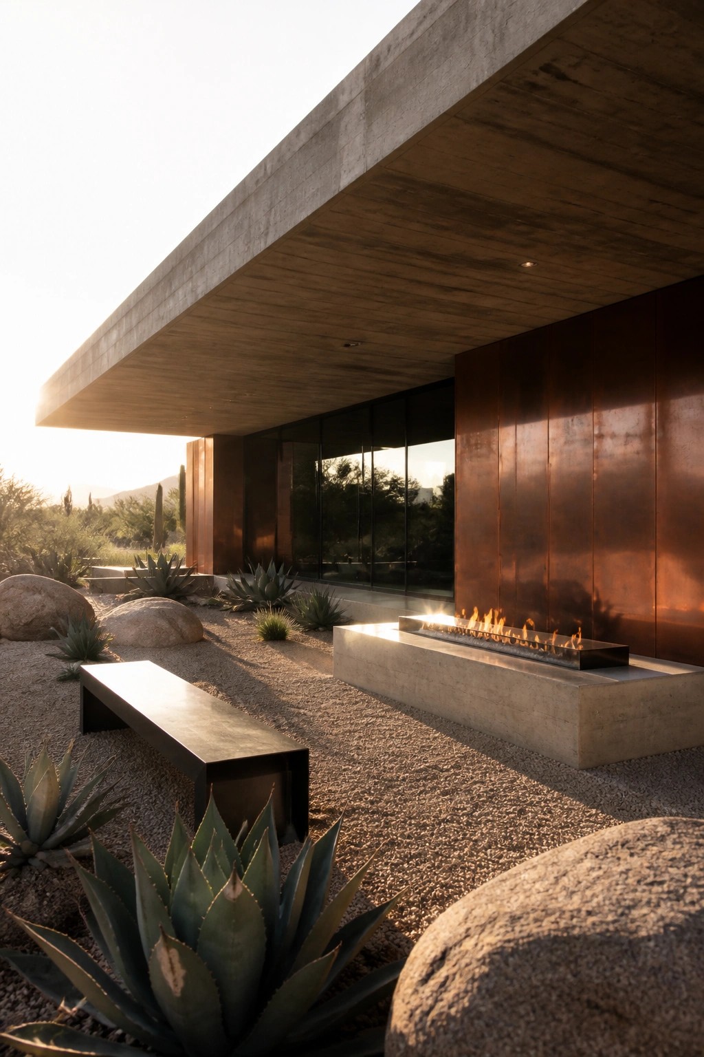 Modern concrete home with copper wall, linear fire pit, bench, and desert agaves.