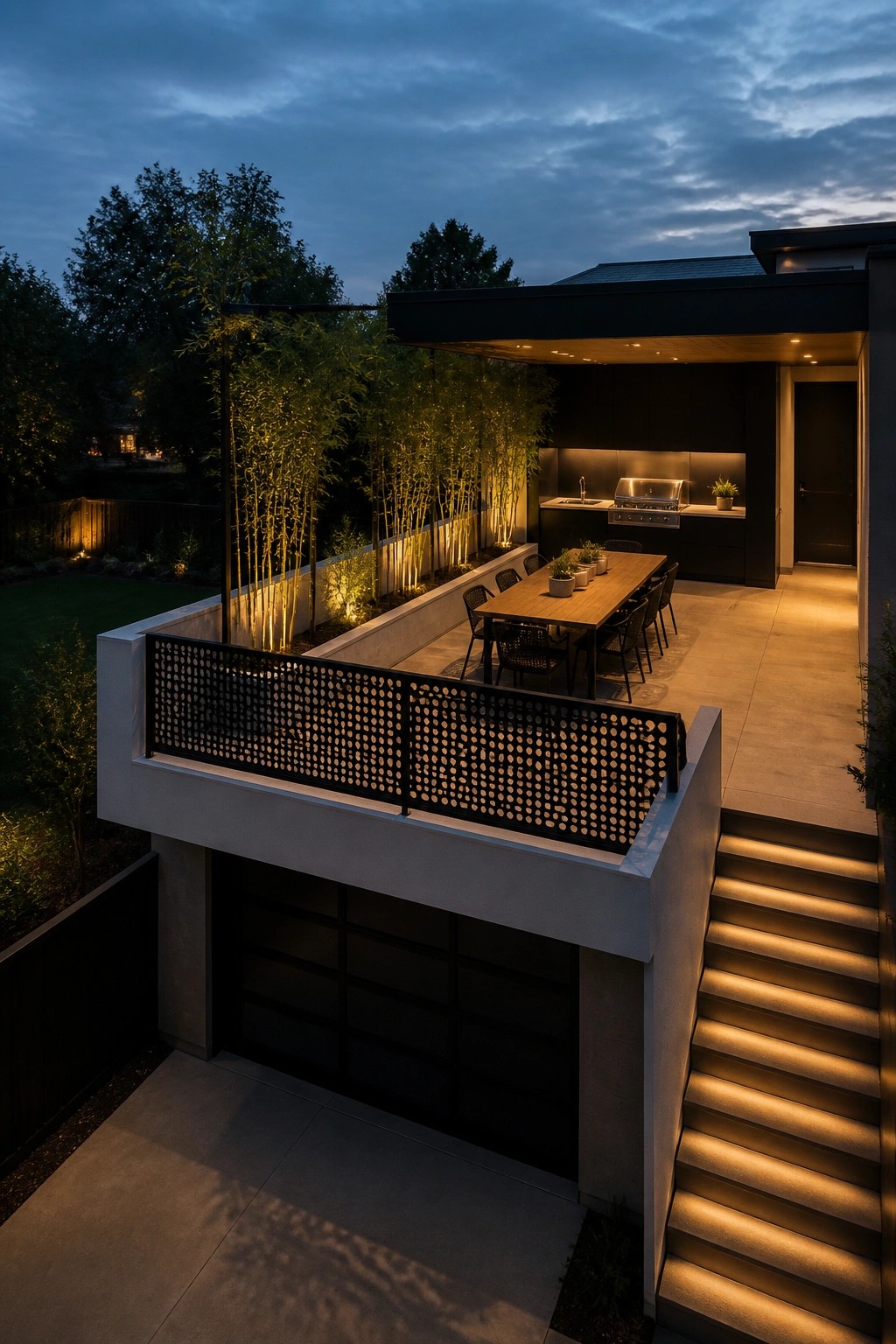 Modern home with a cantilevered concrete terrace featuring a perforated black railing, outdoor dining table, and covered kitchen area above a garage, shown at dusk with lit stairs.