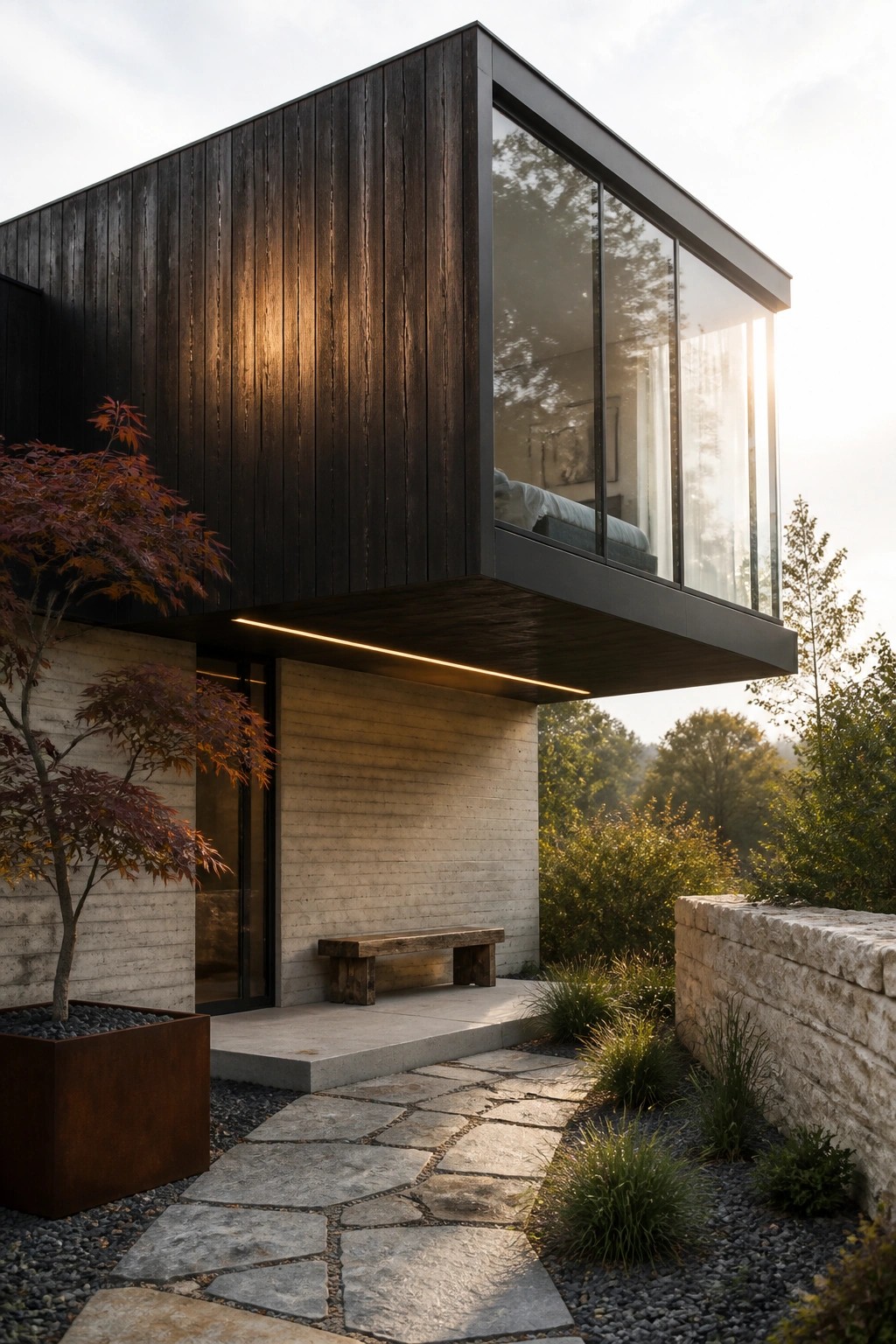 A modern house exterior with a dark wood cantilevered upper level extending over a concrete wall, wooden bench, and stone pathway.