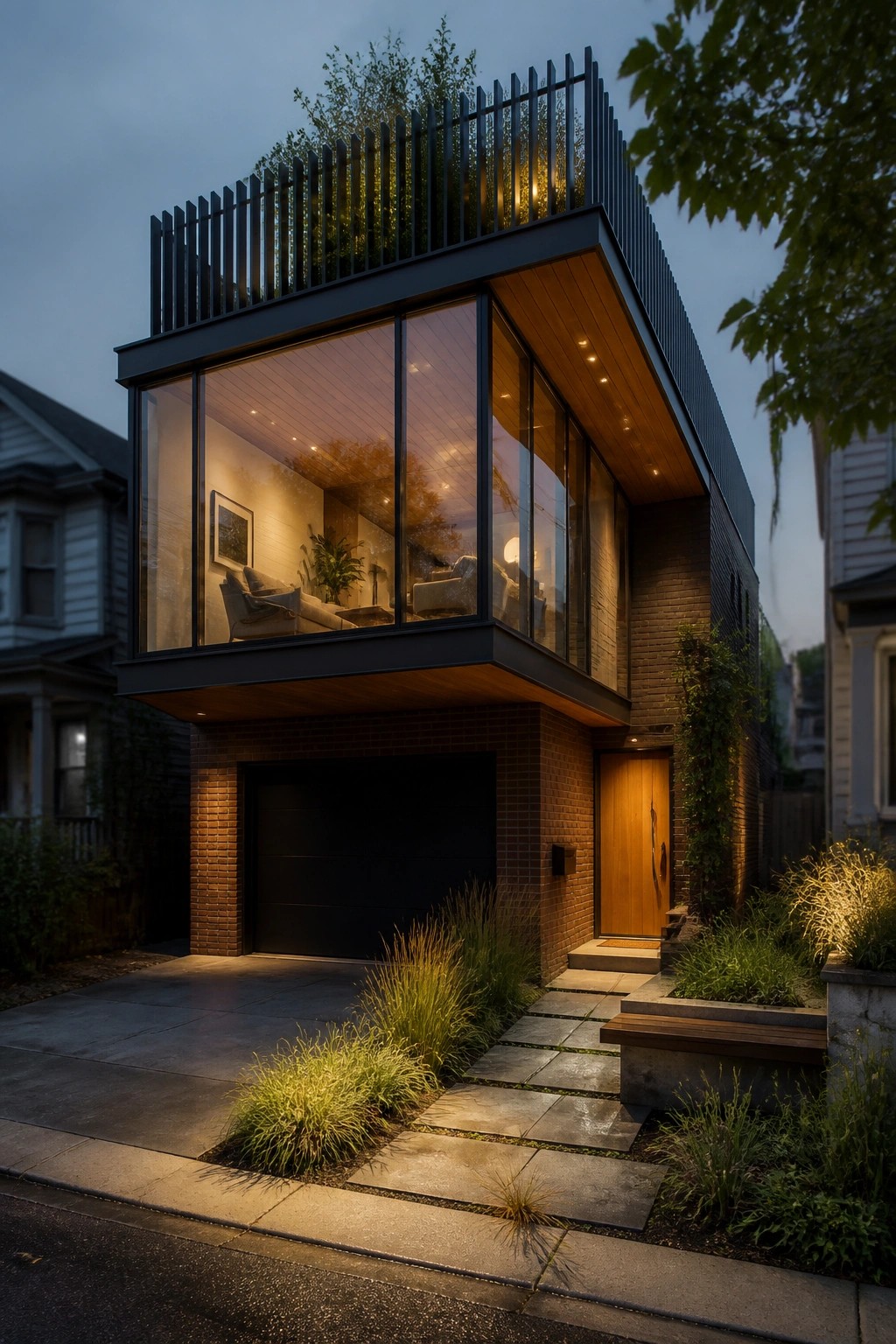 A modern house with a large cantilevered upper floor of glass and dark framing above a brick base that includes a garage and wooden entry door.