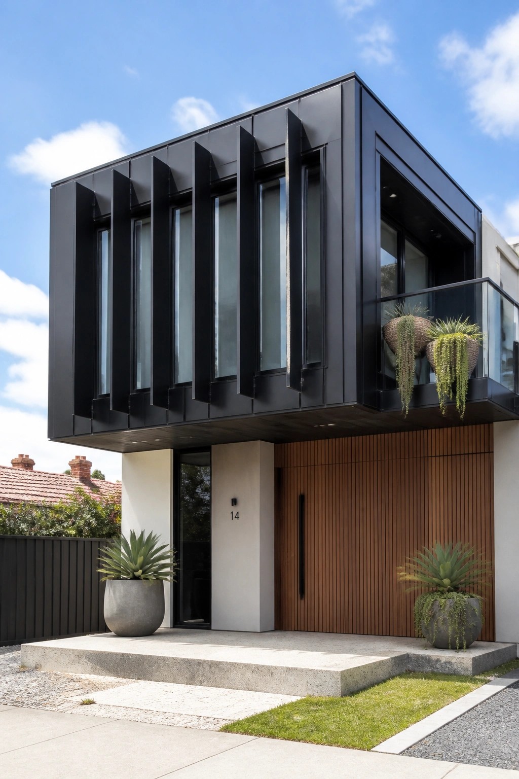 A modern black two-story house with a cantilevered upper level featuring vertical window slats, a glass balcony with hanging plants, and a wooden garage door below the overhang.