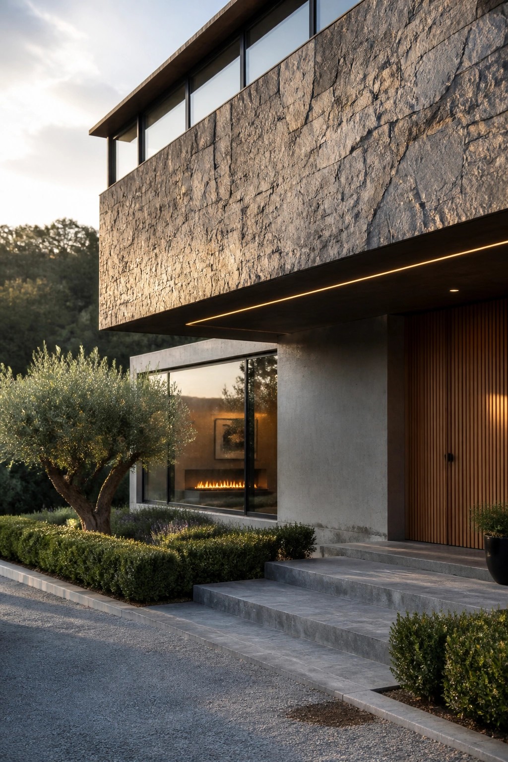Modern house exterior featuring a large stone-clad cantilevered upper level overhanging a concrete entry porch with wooden double doors and concrete steps.