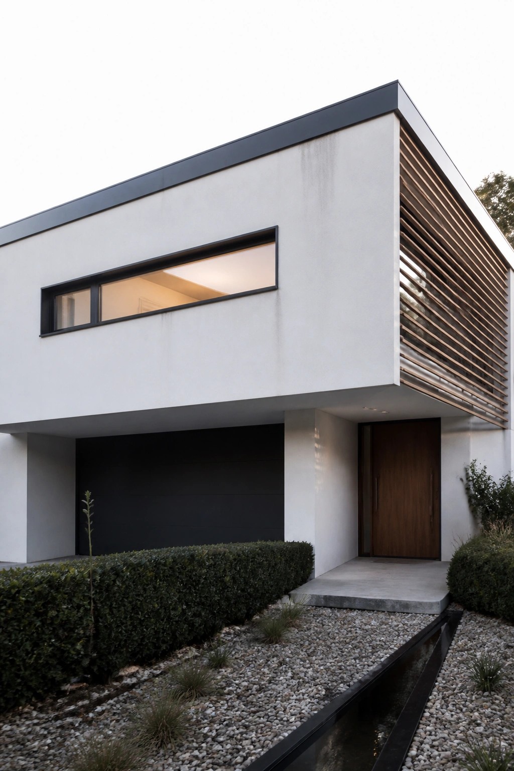 Modern two-story house with white cantilevered upper volume, long horizontal window, dark garage door, and wooden front door, set above gravel and hedge landscaping.