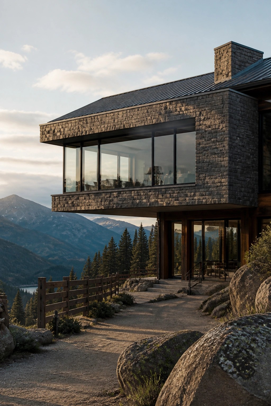 A modern stone house with a large cantilevered upper level and expansive windows set against a mountain landscape.