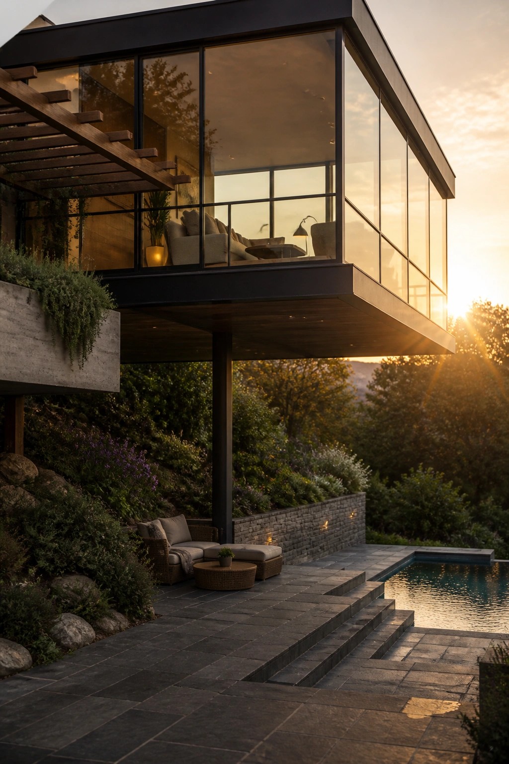 A modern two-story house with a large cantilevered upper level of glass and dark framing, extending over a stone patio with seating and a pool.