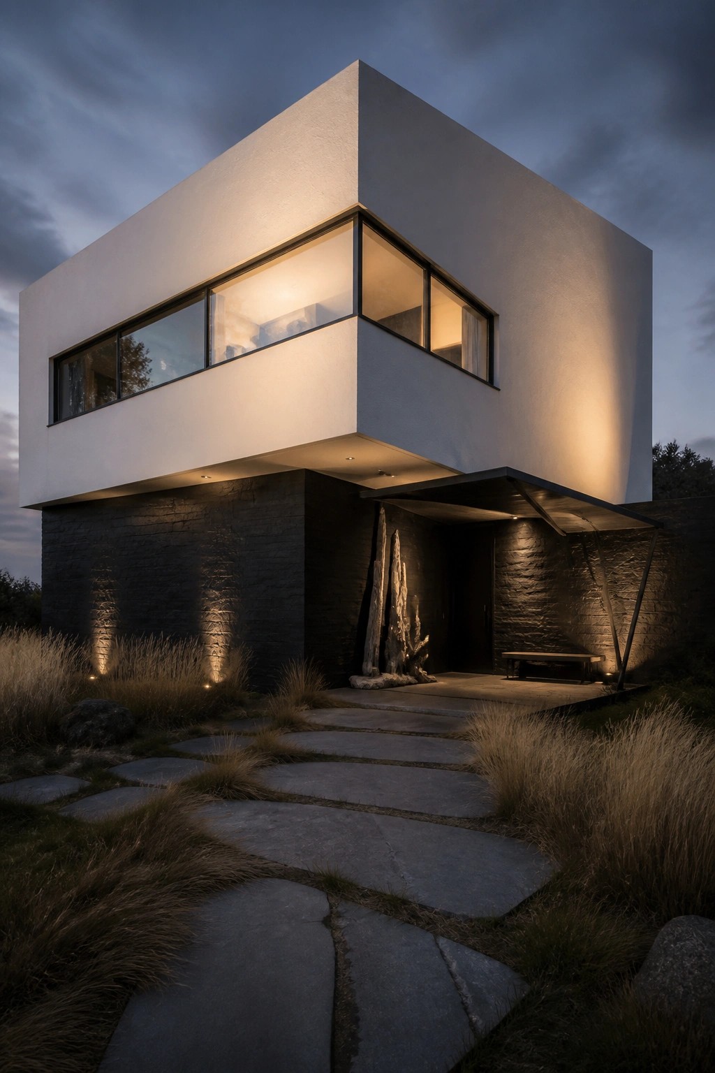 A modern two-story house with a white cantilevered upper level over a dark stone base at dusk, with a stone pathway leading to the entrance.