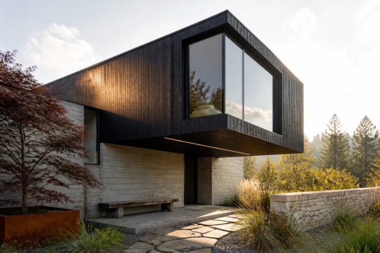 16 Cantilever Modern House Ideas That Showcase Dramatic Architectural Design A modern house exterior with a dark wood cantilevered upper level extending over a concrete wall, wooden bench, and stone pathway.