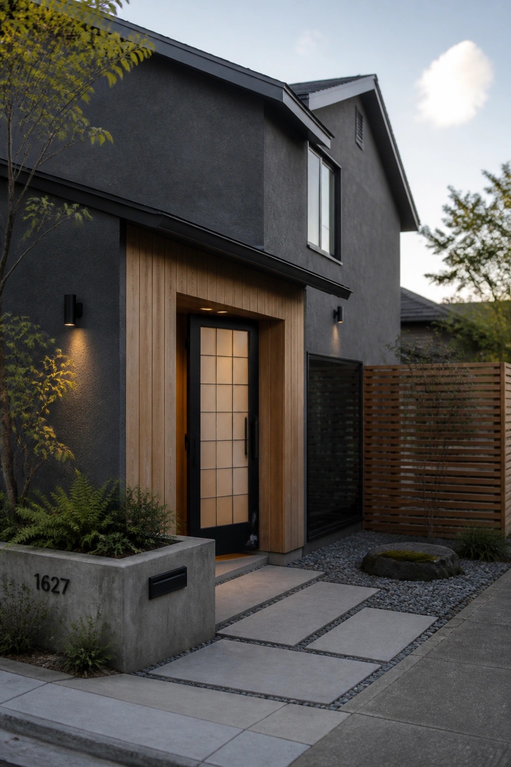 A modern two-story house with dark gray stucco, a black door framed by vertical light wood panels, and a concrete planter marked 1627.