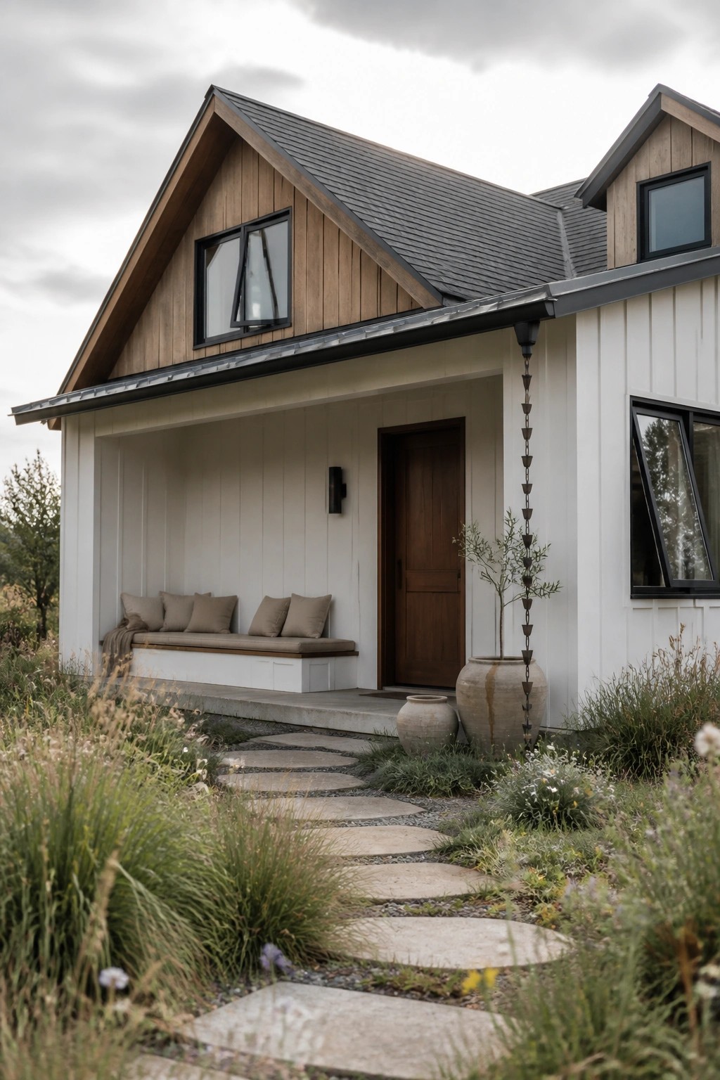 A modern house with wood and white siding shows a covered porch with built-in bench seating, a wooden door, and a stone path leading through garden beds.