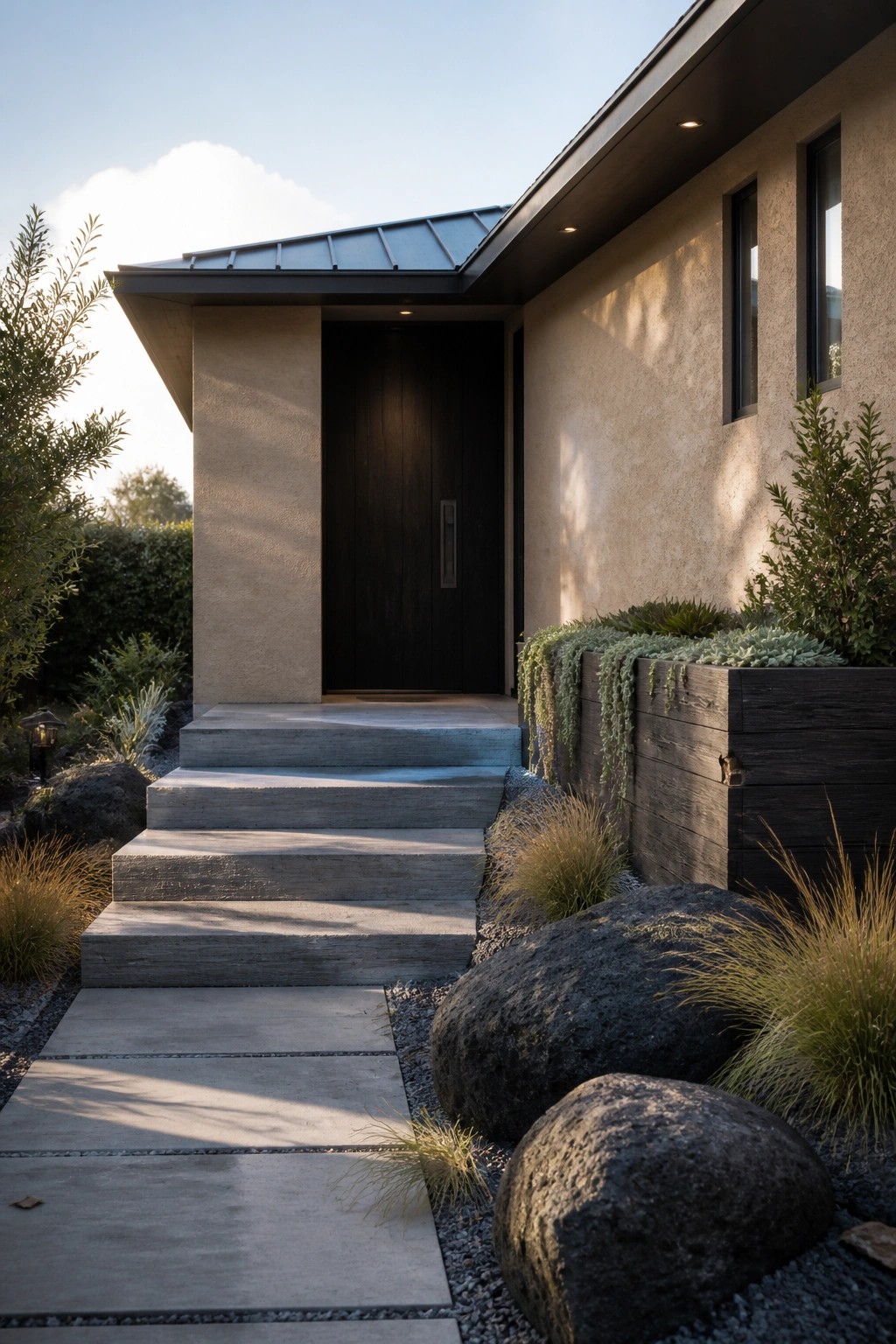 Front view of a house entrance with a dark wooden door at the top of wide concrete steps, surrounded by large rocks, gravel, and wooden planters with plants.