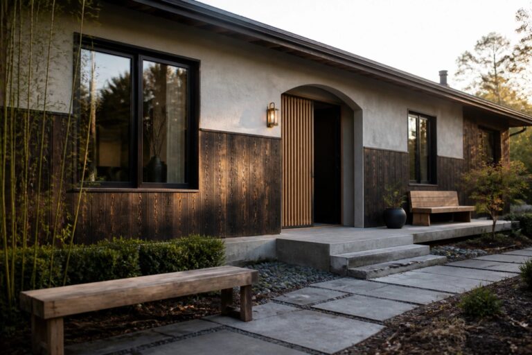 Modern house entrance with arched wooden door, concrete porch, stone path, and bench.