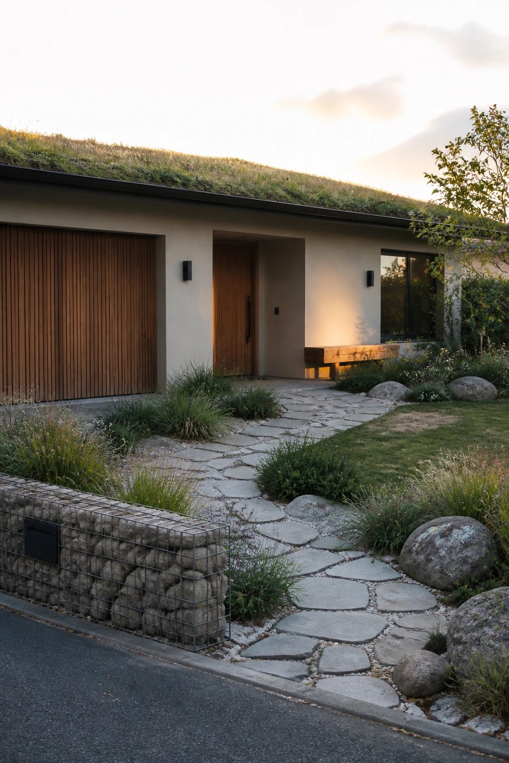 Modern house exterior with a green living roof, vertical wood garage door, recessed wood entry door, stone pathway, and gabion wall along the front.