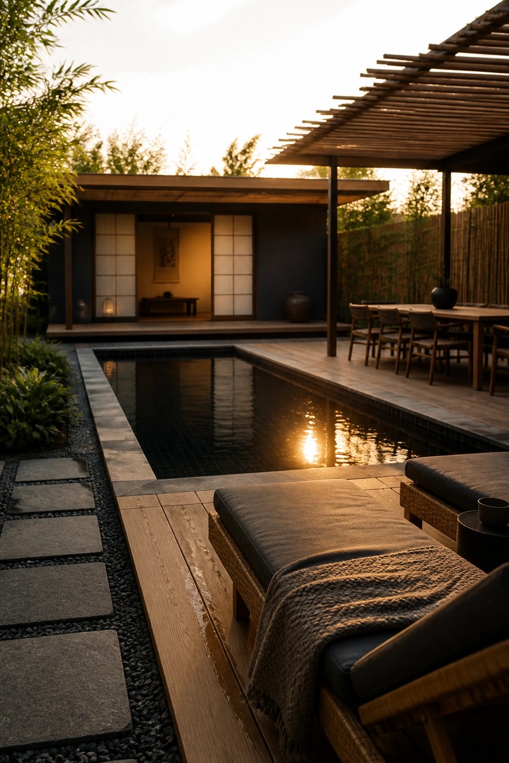 Sunset-lit pool with golden reflections, wooden lounge chairs, modern Japanese house and pergola.