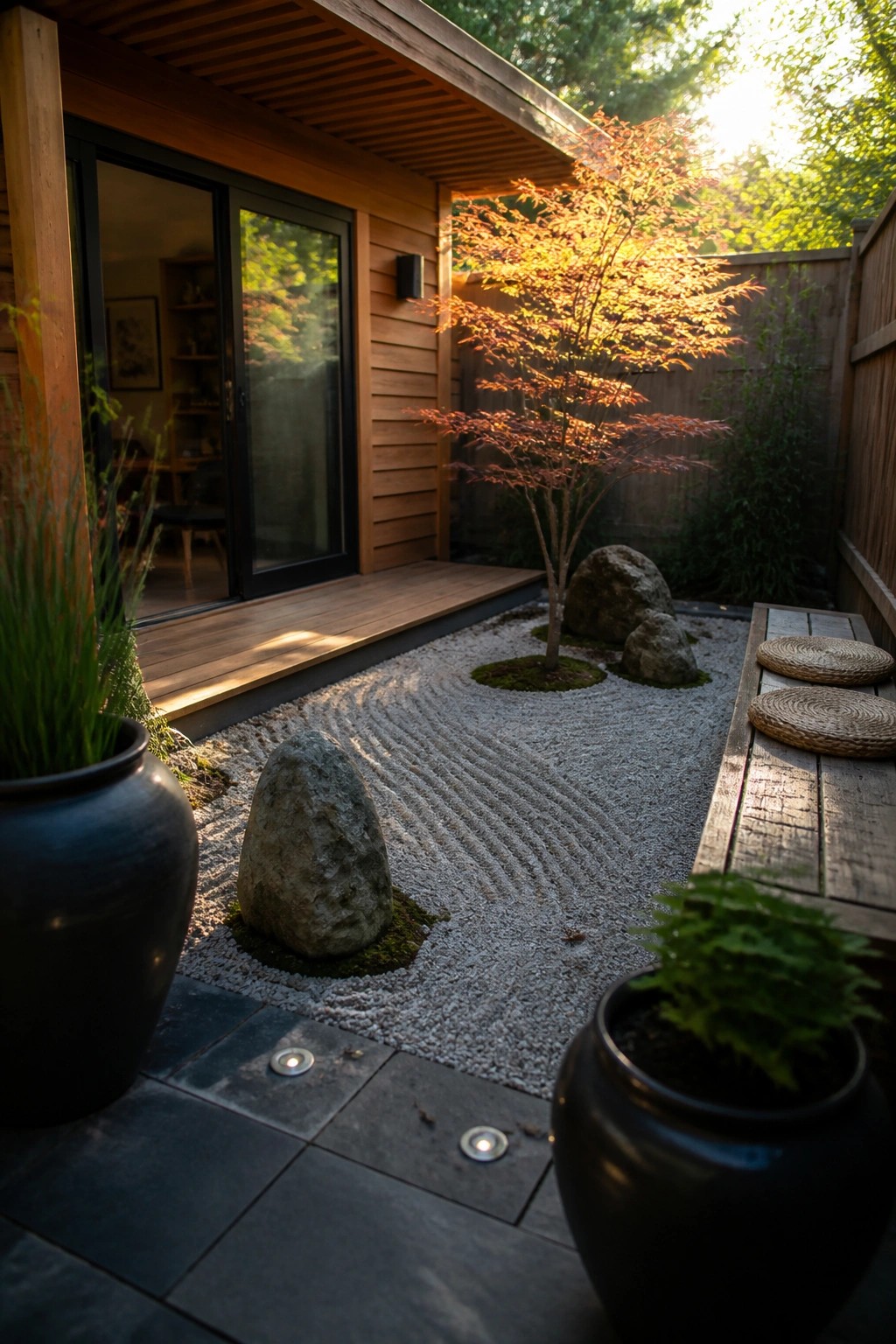 A modern wooden house with sliding doors next to a raked gravel garden containing large rocks, a small maple tree, and potted plants on a stone patio.