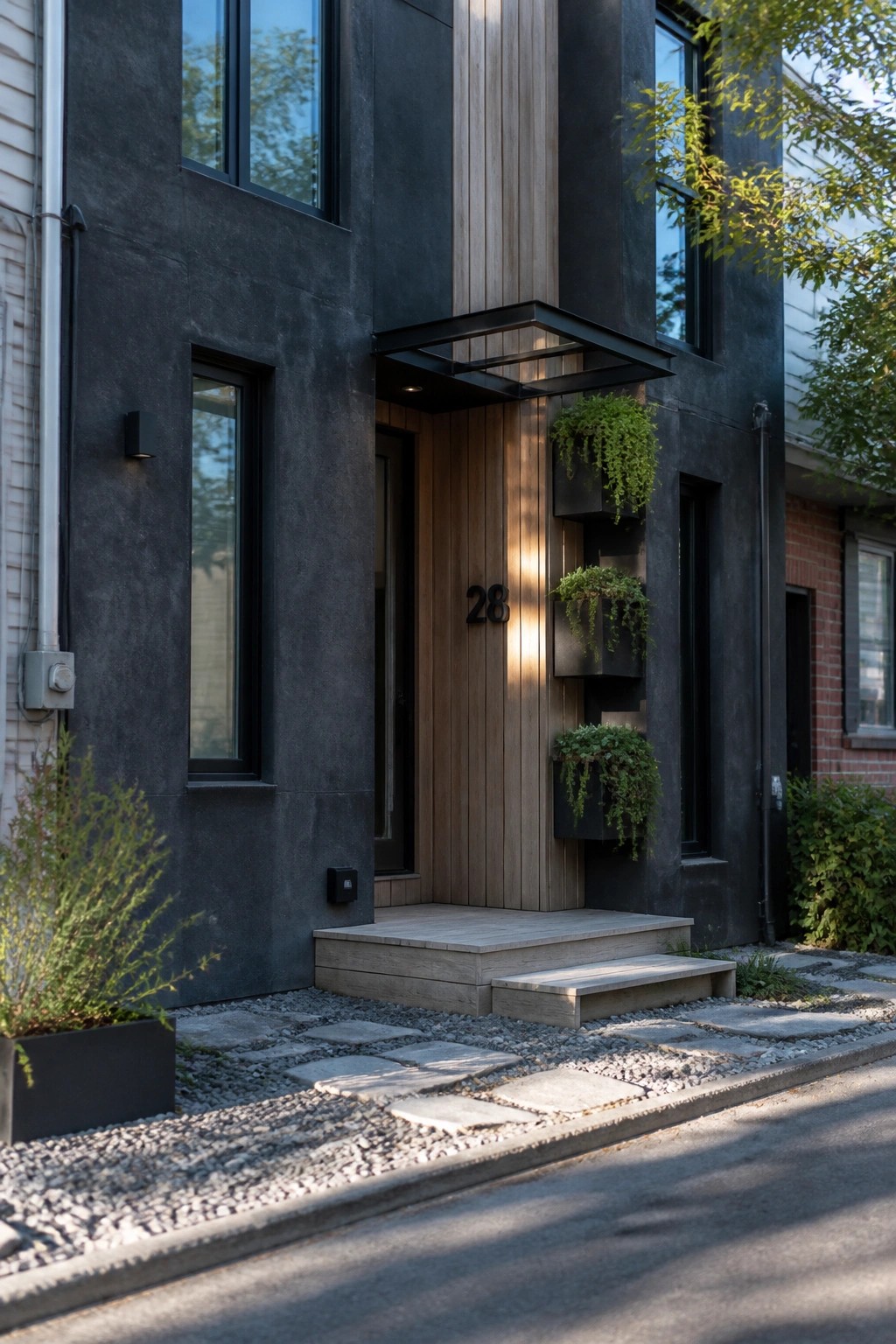Modern dark house entrance with wooden door, hanging plants, and stone steps