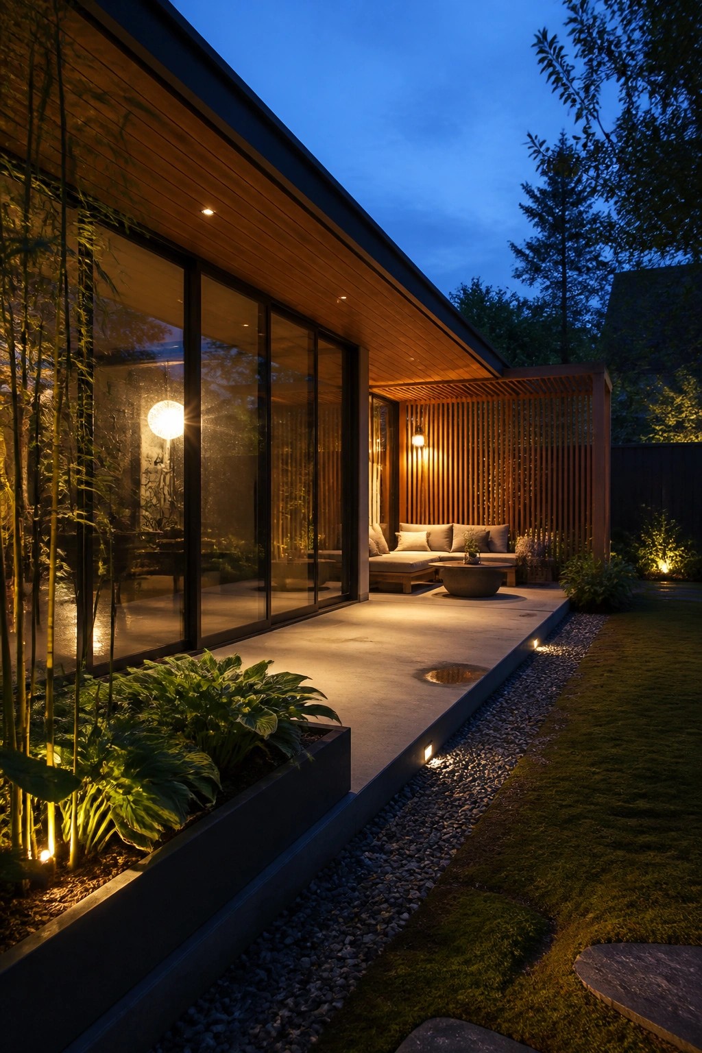 Modern house exterior at dusk showing large sliding glass doors, a concrete patio with built-in seating, a vertical wood slat screen, and surrounding garden beds with gravel edging.