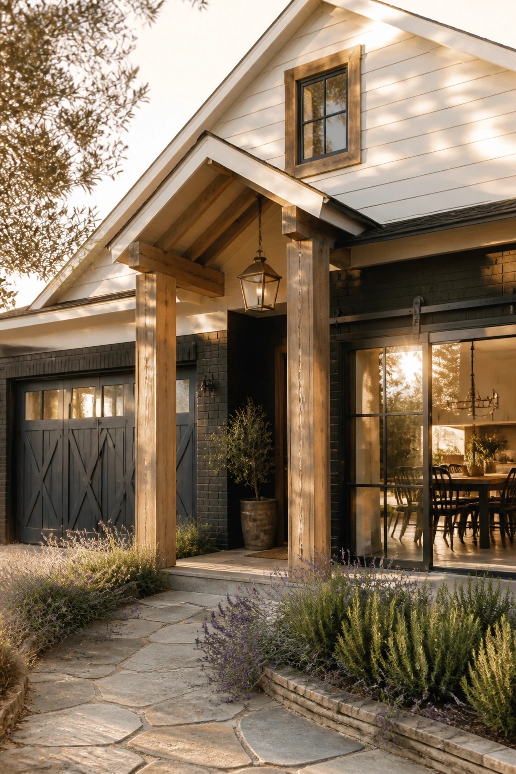 A modern house exterior featuring white siding, dark brick, a timber-supported porch overhang with a hanging lantern, a dark garage door, and a stone pathway bordered by low shrubs.