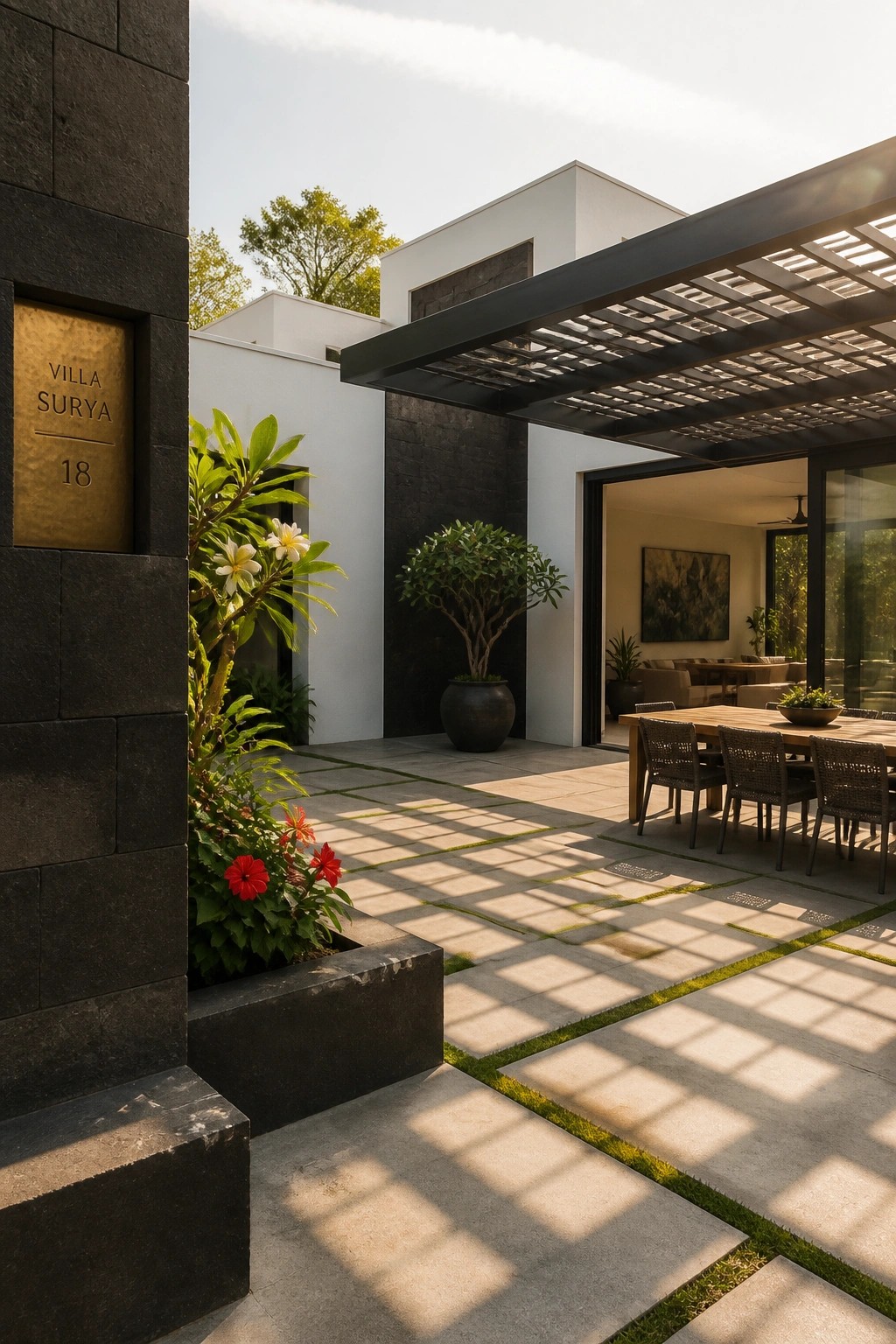 Modern villa exterior with dark stone wall, gold sign reading