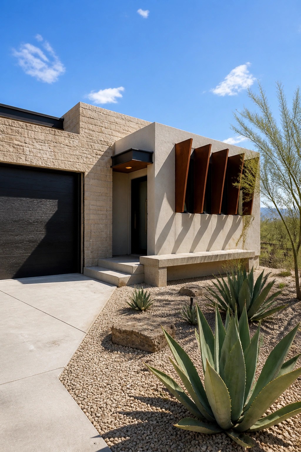 A modern house exterior featuring beige stone and stucco walls, a black garage door, a recessed entry with steps, a concrete bench, and five vertical rust-colored metal screens mounted on the facade, with desert plants and gravel in the foreground.