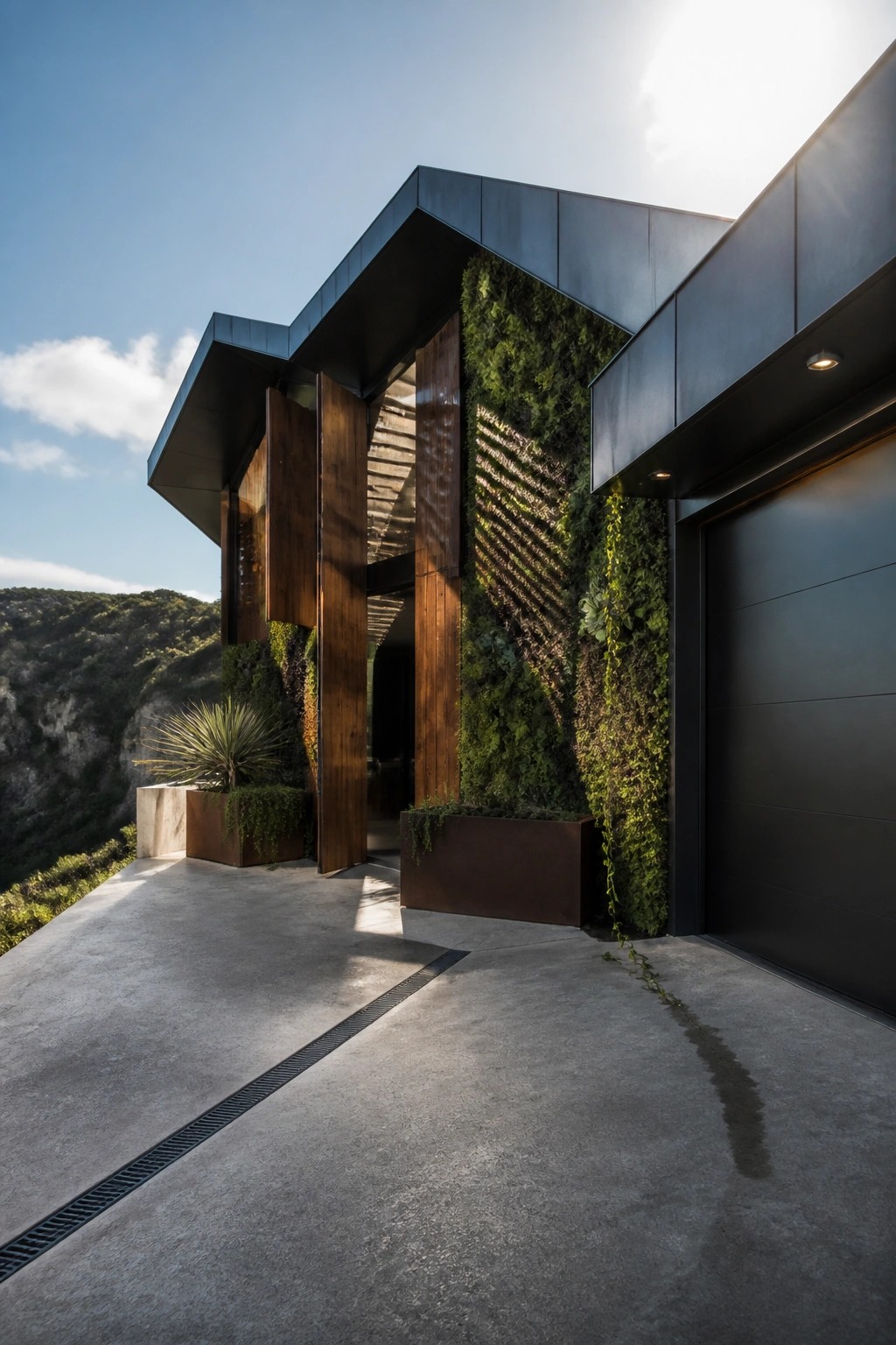 Modern house exterior featuring dark metal panels, wood accents, a vertical garden wall, concrete driveway, and deep angular overhangs.