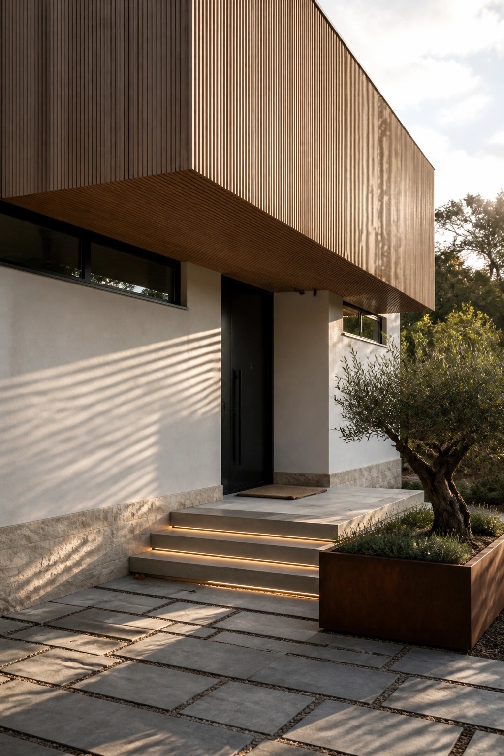 Modern house entrance with a large cantilevered wooden slatted overhang above a black door, concrete steps with integrated lighting, and a rusted metal planter to the side.