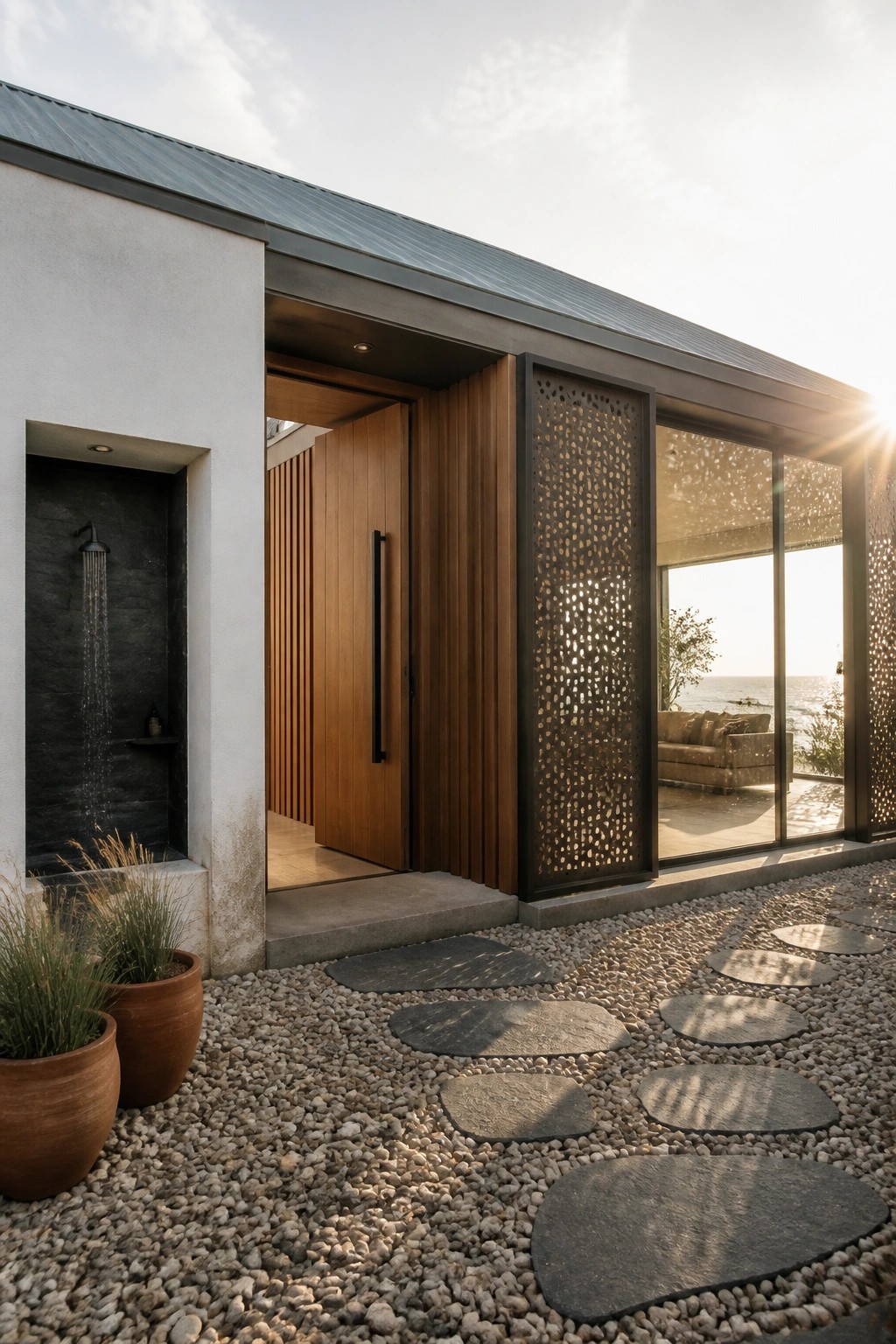 Modern house exterior featuring a wooden entry door, perforated metal screen panels, large glass windows, gravel path with stepping stones, and an outdoor shower area on the left side.