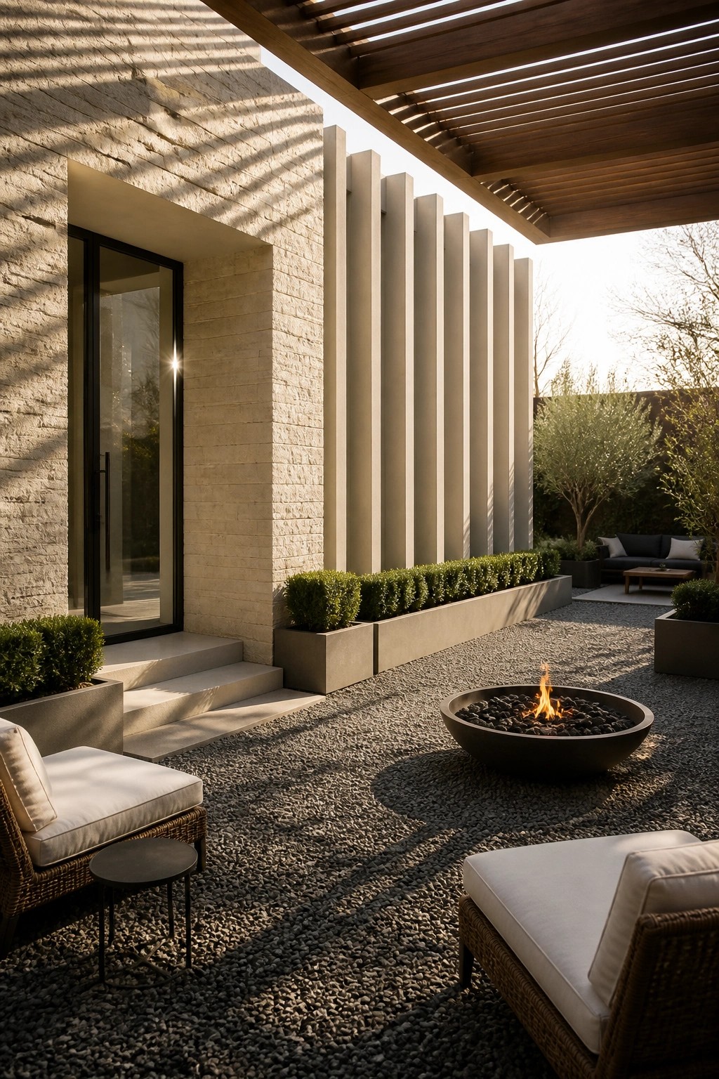 Modern patio with fire pit, wicker chairs, gravel, stone walls, and slatted pergola