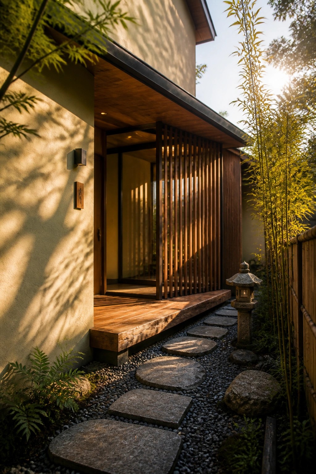 A house entrance with a wooden deck, vertical wood screen, and a path of irregular stepping stones set in gravel, bordered by bamboo and a stone lantern.